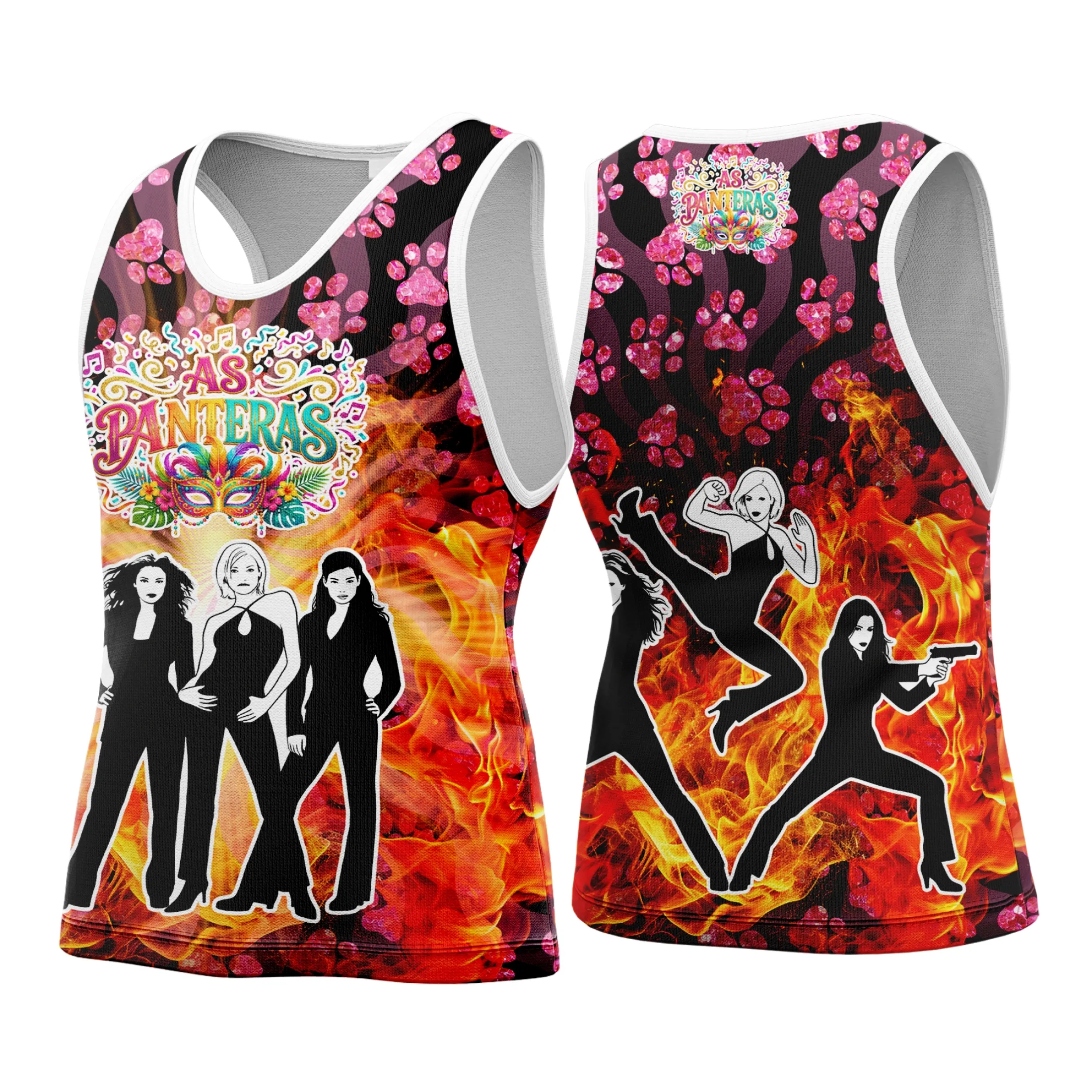 Camisa unissex preta com logo no peito e estampa grande nas costas, temática Carnaval 2026 As Panteras, ideal para curtir a festa com estilo e conforto.