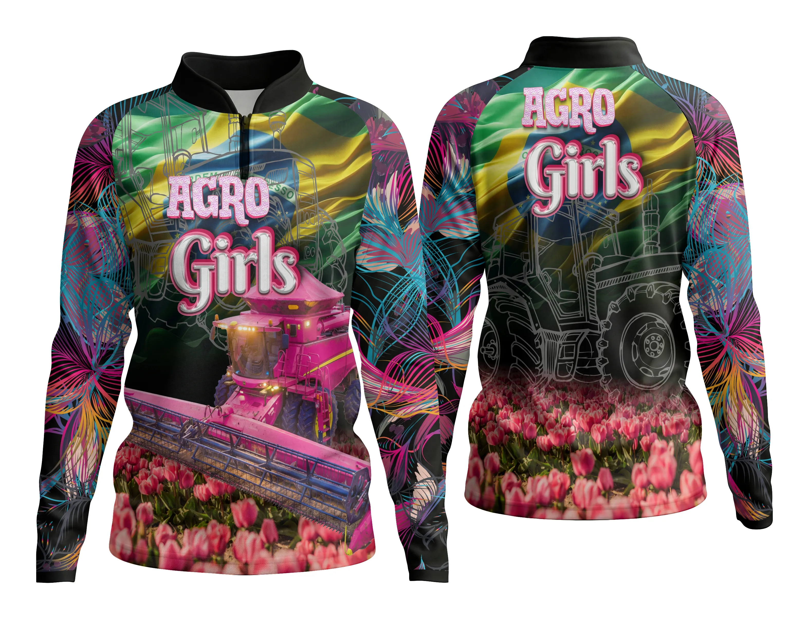 Camiseta preta unissex com logo no peito e estampa grande nas costas temática Agro Girl Feminina, destacando estilo rural e moderno, ideal para quem ama a vida no campo.