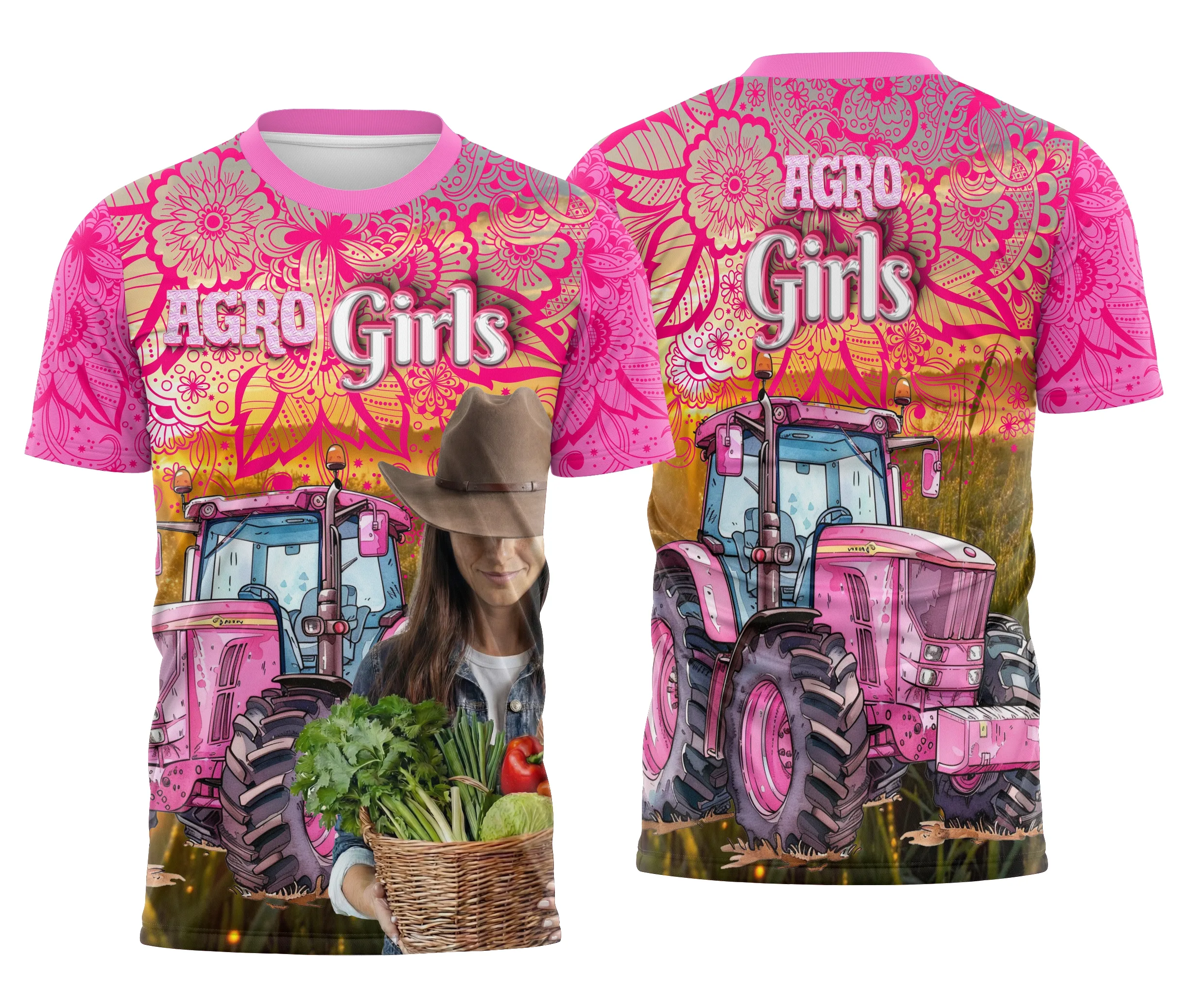 Camiseta unissex branca com logo no peito e estampa grande nas costas com tema Agro Girl Feminina, perfeita para quem ama o campo e estilo moderno.