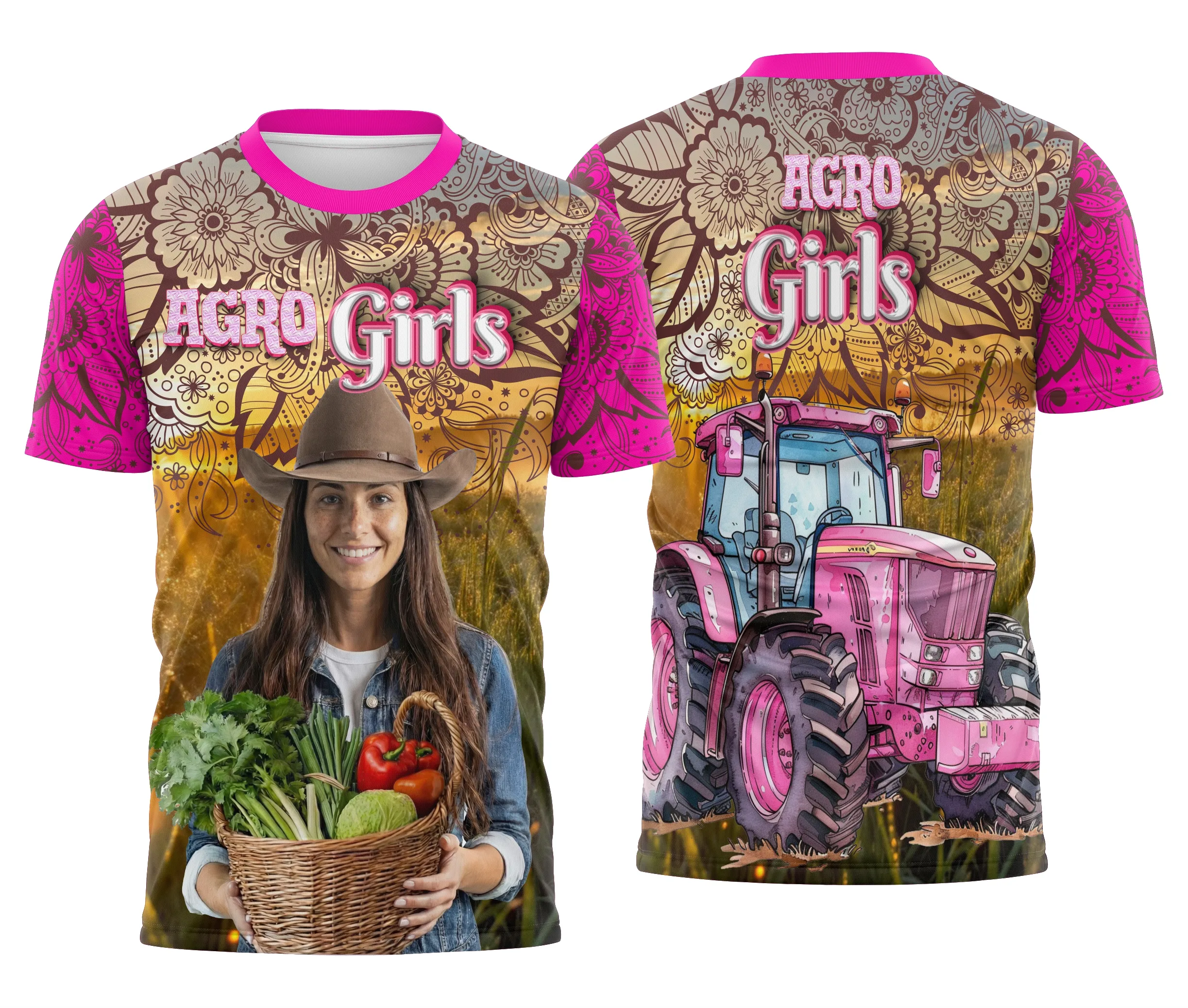 Camiseta preta unissex com logo no peito e estampa grande nas costas do tema Agro Girl Feminina, ideal para quem ama o universo rural e quer estilo na medida certa.