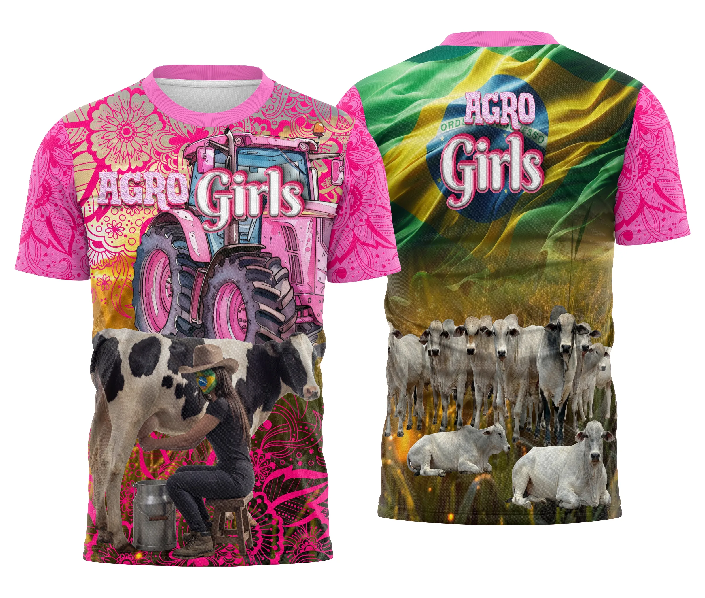 Camiseta preta unissex com logo no peito e estampa grande nas costas tematizando Agro Girl Feminina Personalizada, mostrando estilo rural moderno e atitude marcante.