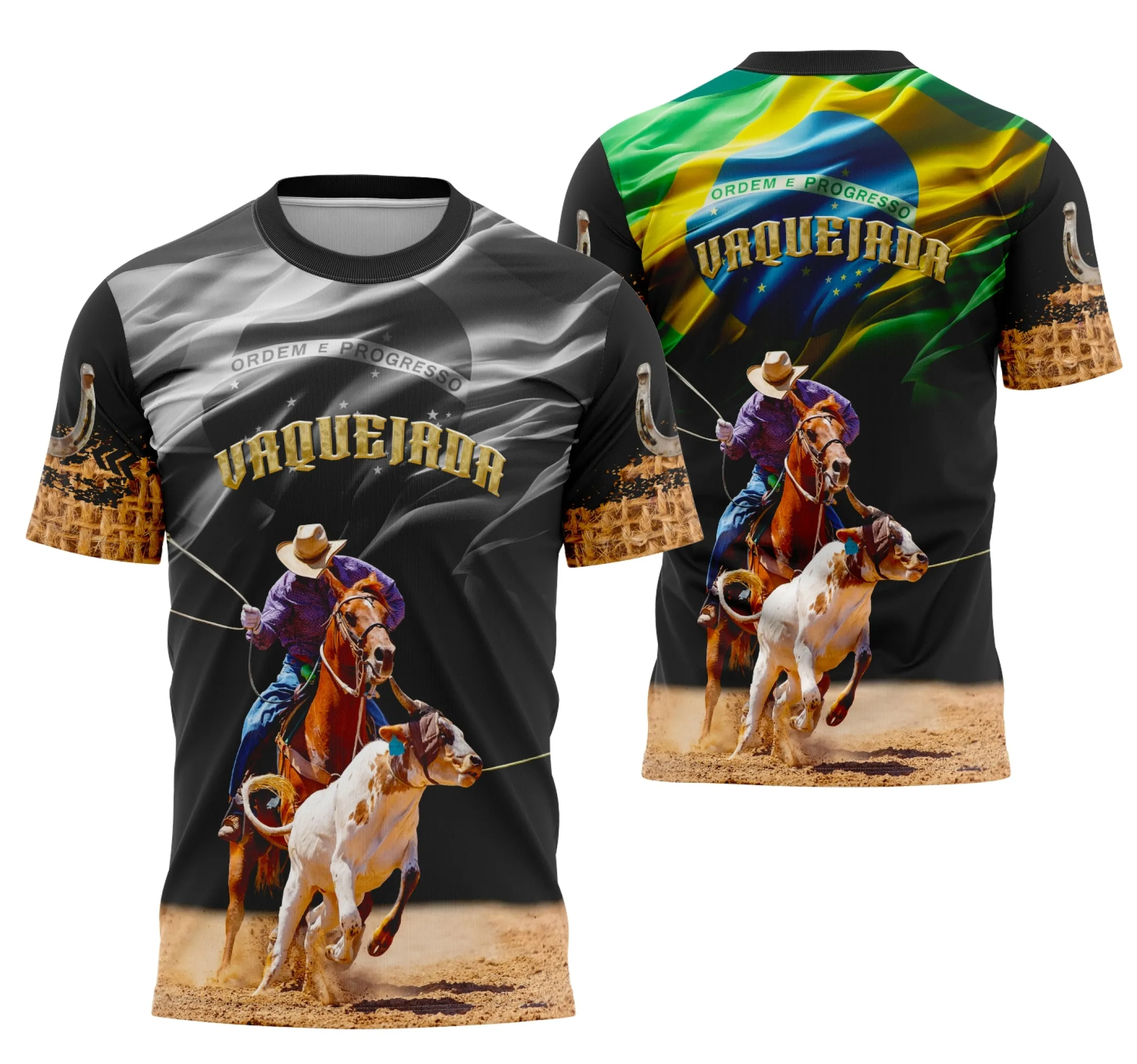 Camiseta unissex preta com logo no peito e estampa grande nas costas com tema Amantes Da Vaquejada, ideal para fãs do esporte tradicional nordestino.