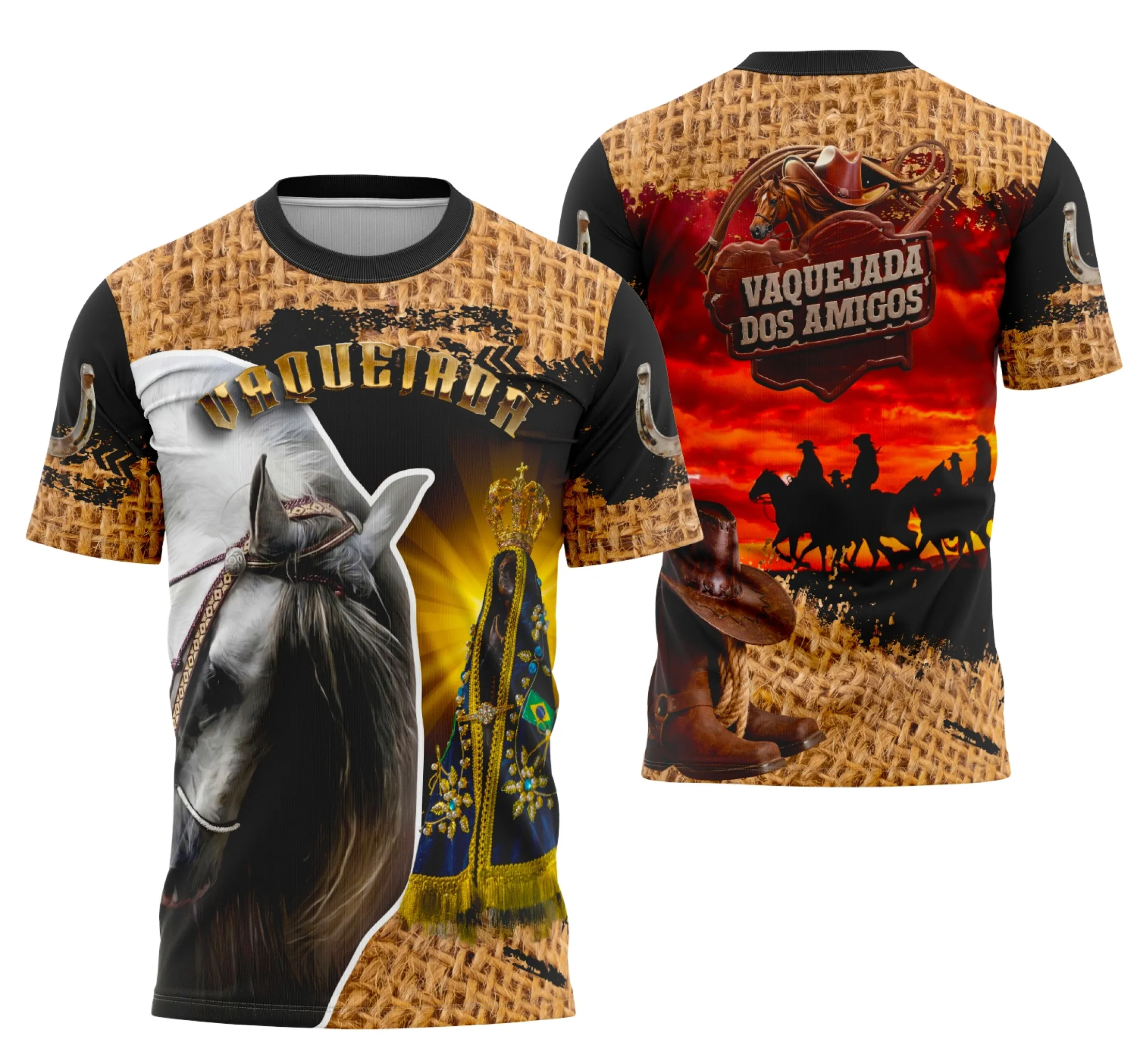Camiseta unissex preta com logo no peito e estampa grande nas costas sobre o tema Vaquejada Cavalgada, ideal para fãs de rodeio e tradições nordestinas.