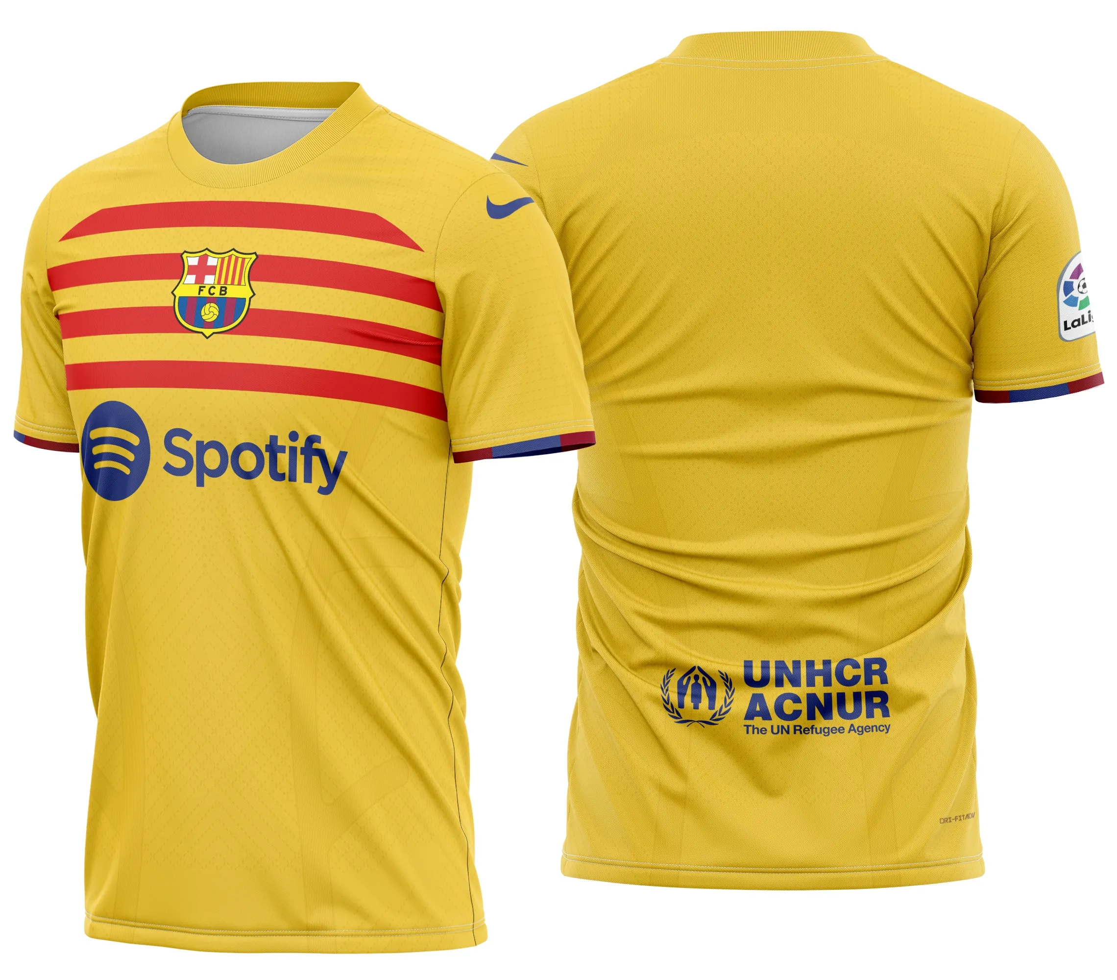 Camiseta unissex preta com logo no peito e estampa grande nas costas temática Barcelona Futebol 2022, ideal para torcedores apaixonados pelo clube.