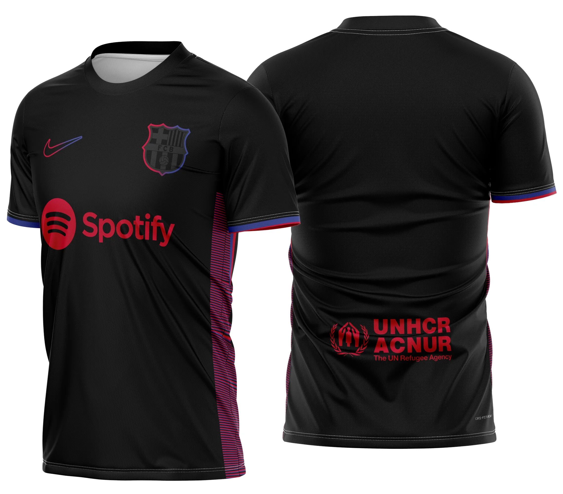Camiseta unissex preta com logo no peito e estampa grande nas costas, tema Barcelona Futebol Conceito 2024, design moderno e esportivo perfeito para torcedores e fãs do futebol.