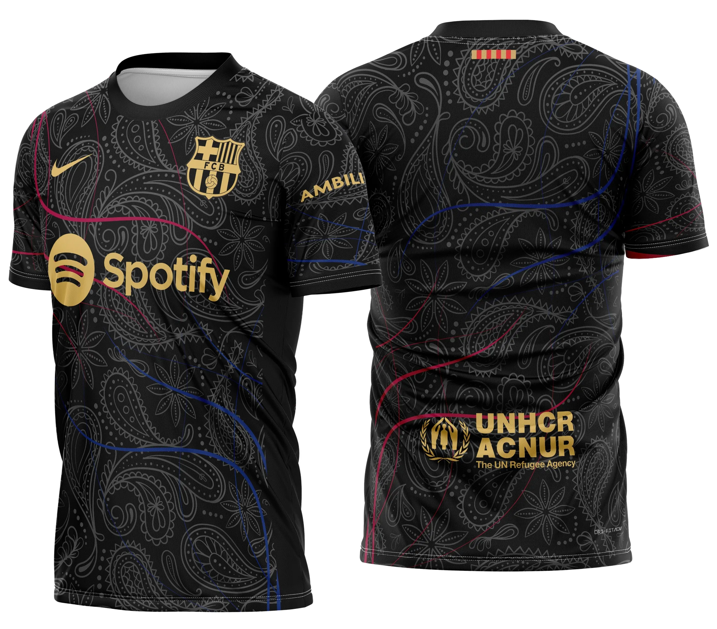 Camiseta unissex preta com logo no peito e estampa grande nas costas inspirada no Barcelona Futebol Conceito 2024, design moderno e detalhado, perfeita para fãs do futebol.