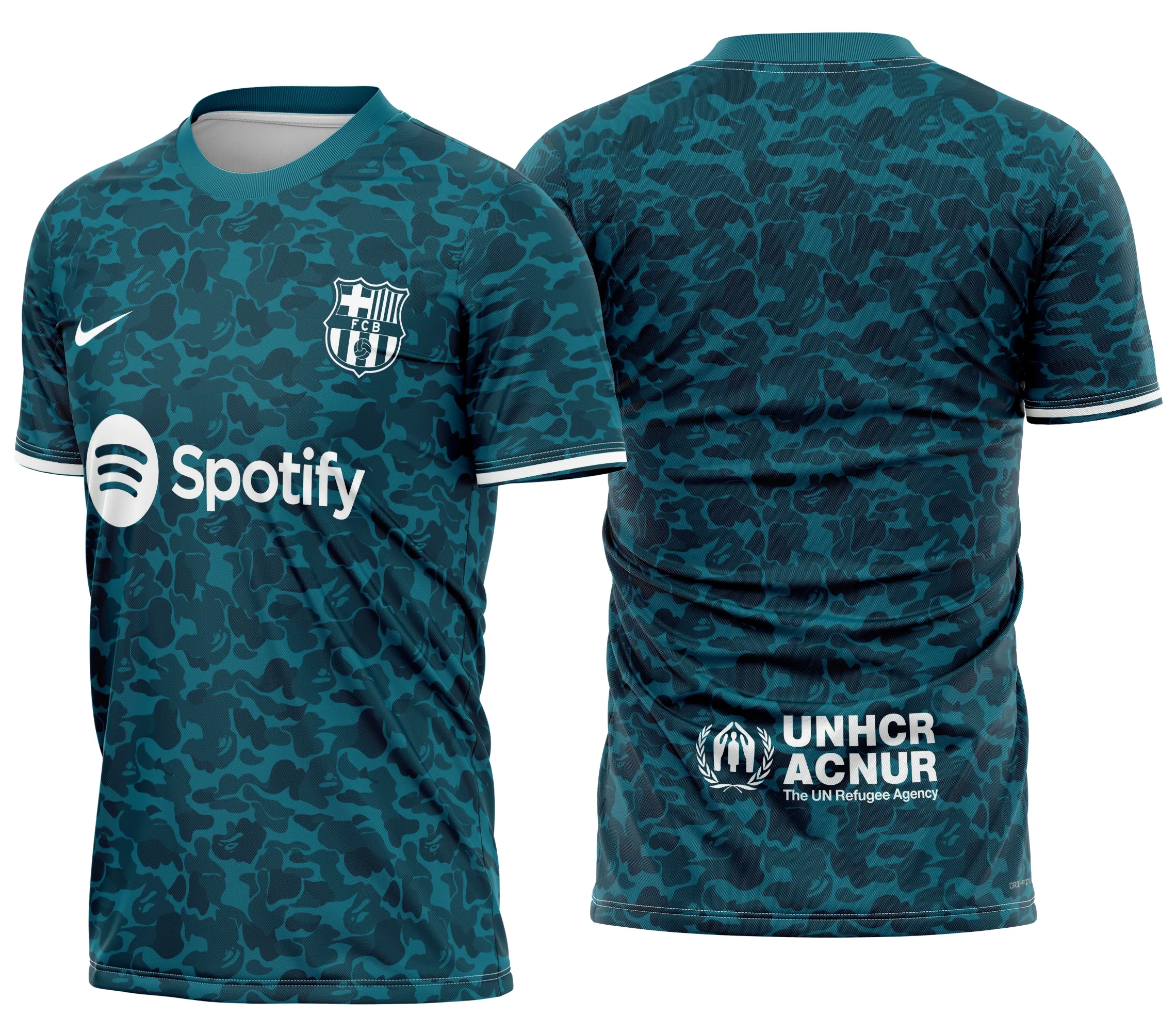 Camiseta unissex preta com logo no peito e estampa grande nas costas inspirada no tema Barcelona Futebol Conceito 2024, estilo moderno e vibrante, perfeita para fãs e eventos esportivos.