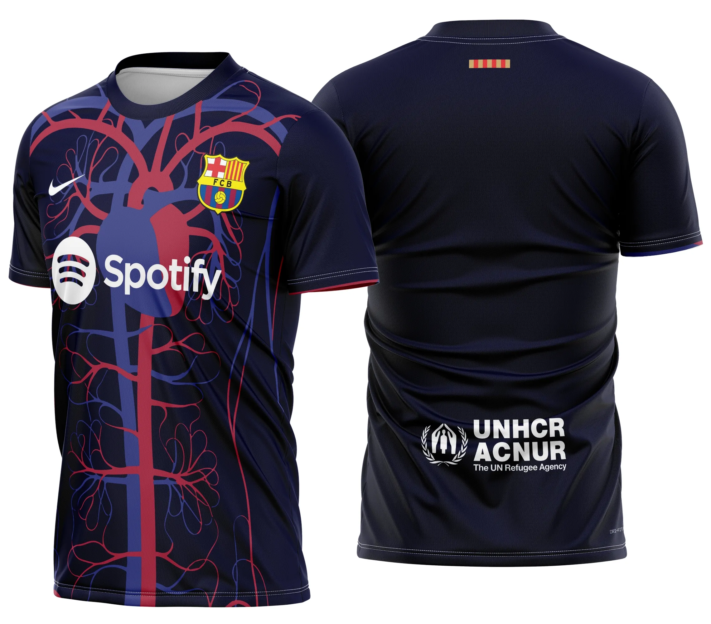 Camiseta unissex preta com logo no peito e estampa grande nas costas inspirada no conceito Barcelona Futebol 2024, design moderno e estilo esportivo para torcedores vibrantes.