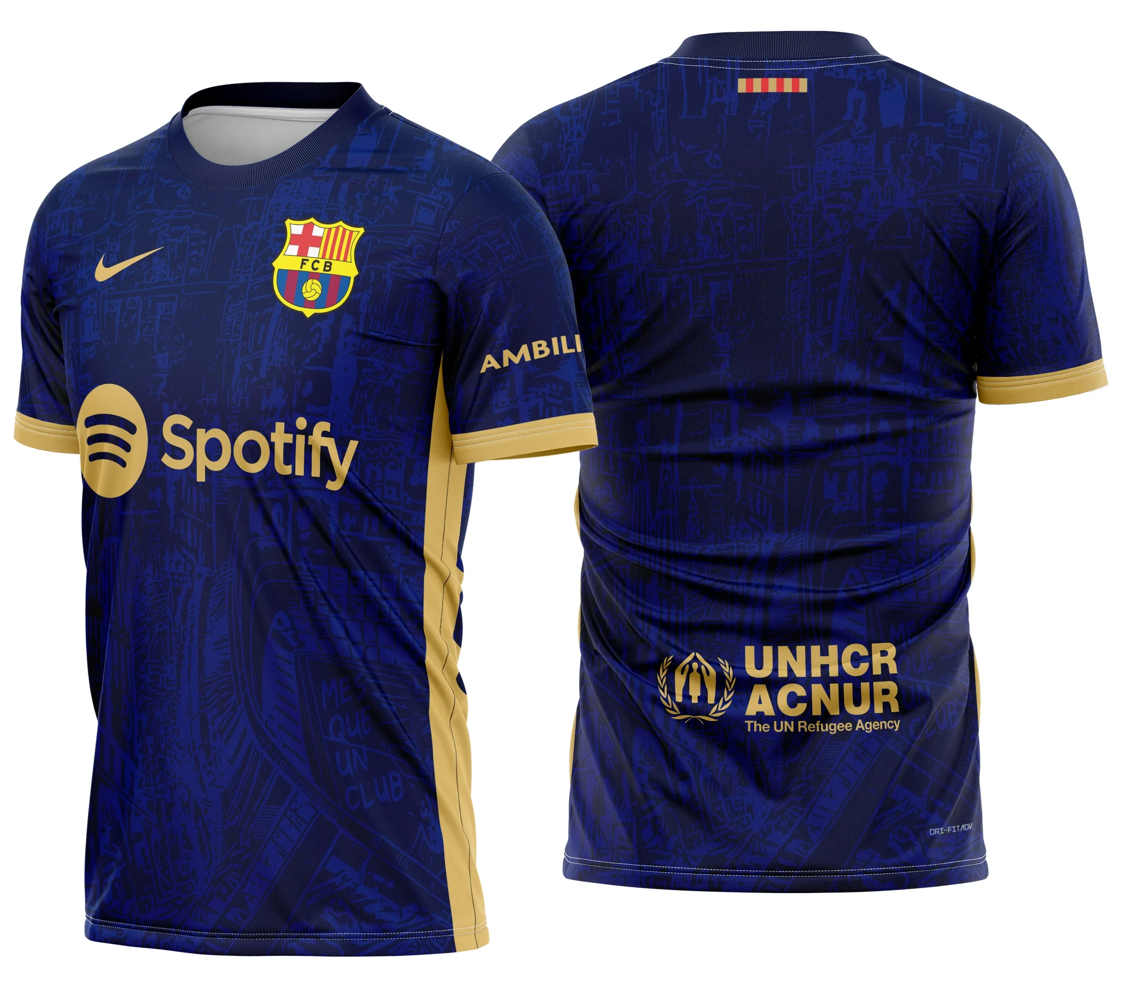 Camiseta unissex preta com logo no peito e estampa grande nas costas inspirada no conceito futebolístico do Barcelona 2025, ideal para fãs que buscam estilo e originalidade.