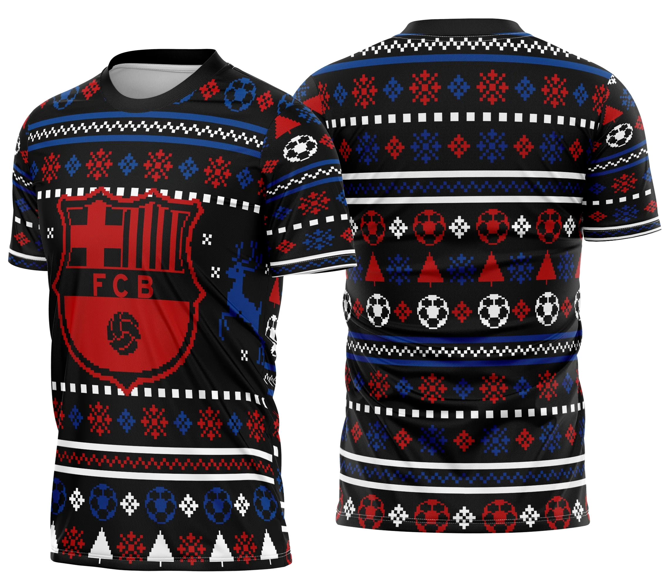 Camiseta unissex preta com logo no peito e estampa grande nas costas com tema Barcelona Futebol Conceito 2025, design moderno e vibrante.