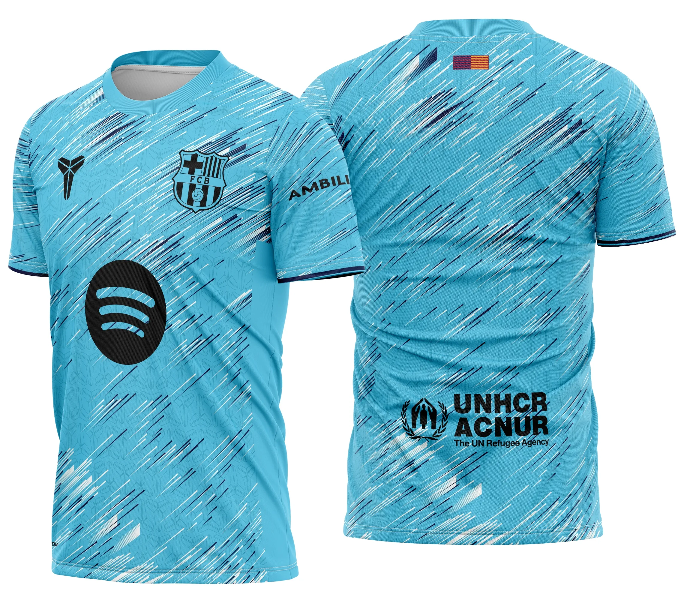 Camiseta unissex preta com logo no peito e estampa grande nas costas inspirada no Barcelona Futebol Conceito 2025, detalhe moderno e visual marcante para fãs do time.