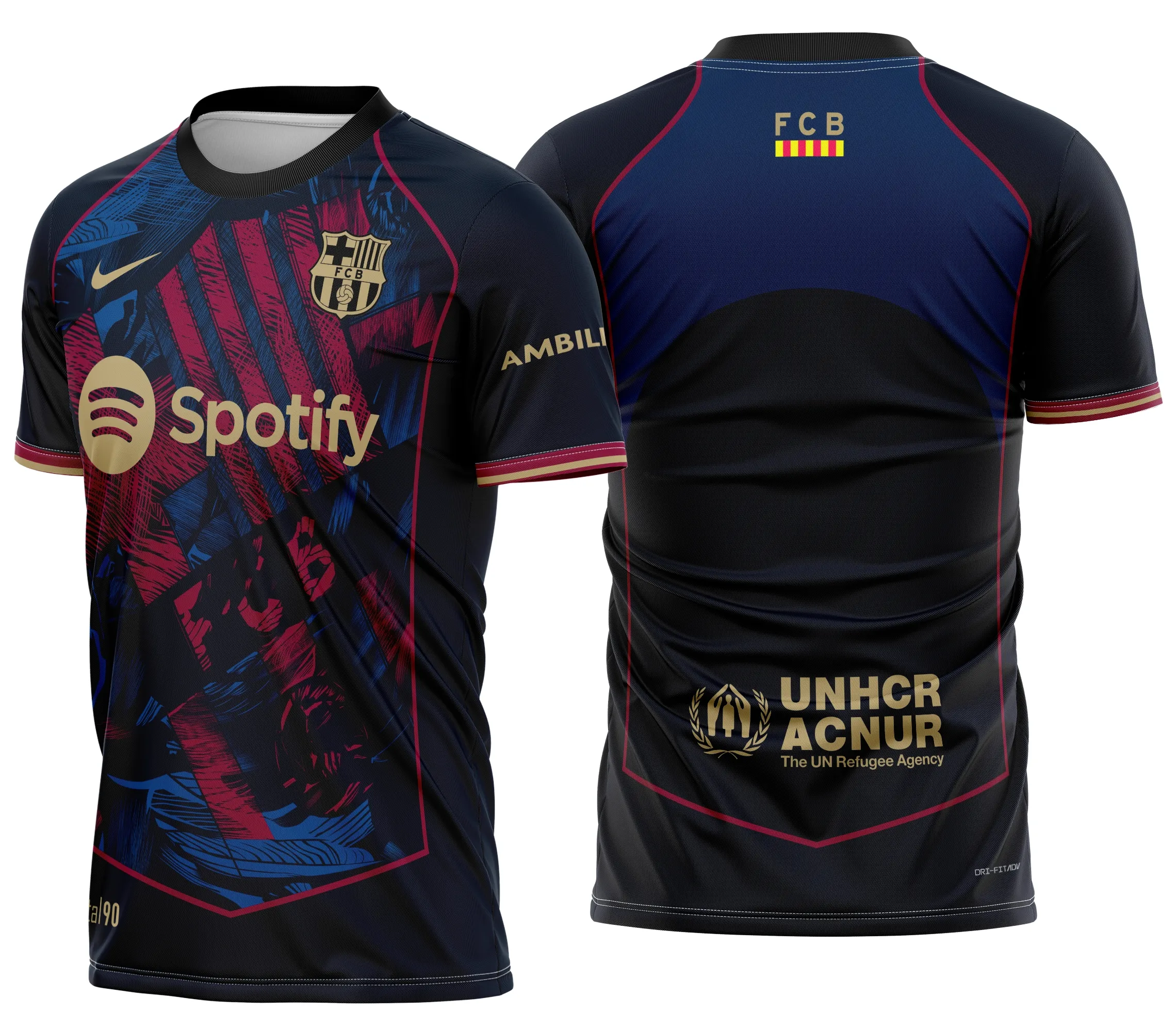 Foto de camiseta unissex preta com logo no peito e estampa grande nas costas, tema Barcelona Futebol Conceito 2025, ideal para fãs do time e estilo esportivo.
