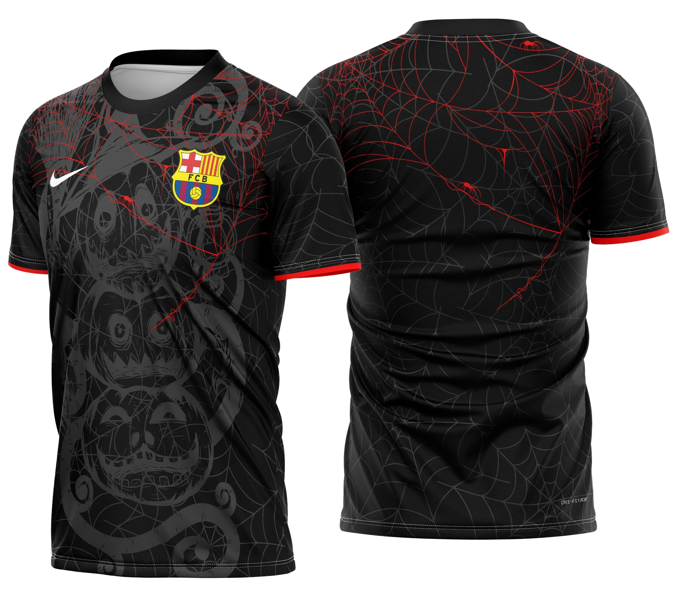 Camiseta preta unissex com logo no peito e estampa grande nas costas, temática Barcelona Futebol Halloween 2025, visual autêntico e perfeito para fãs do futebol e do Halloween.