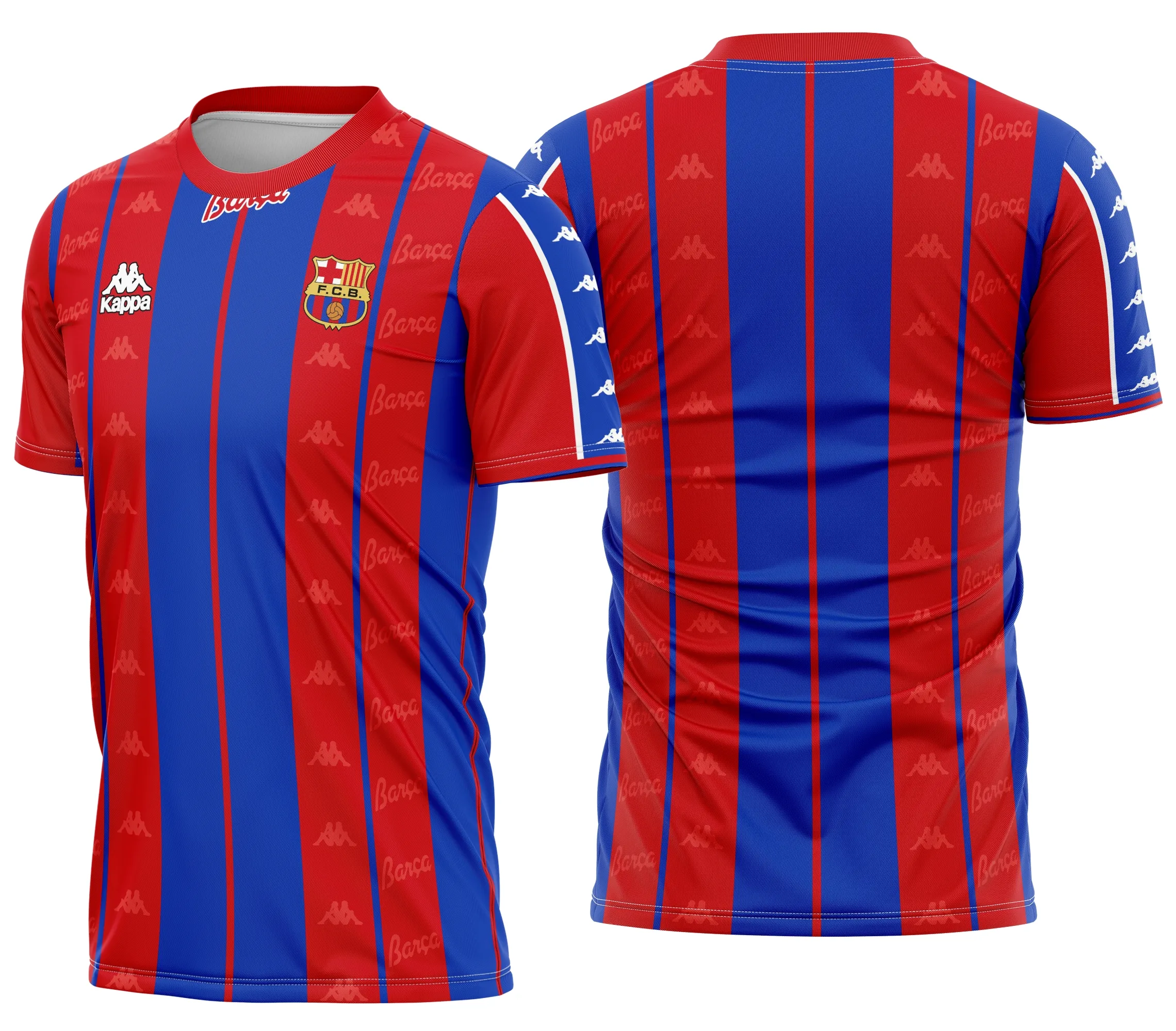 Camiseta unissex preta com logo no peito e estampa grande nas costas do Barcelona Futebol Titular 1997, ideal para fãs do time e estilo retrô marcante.