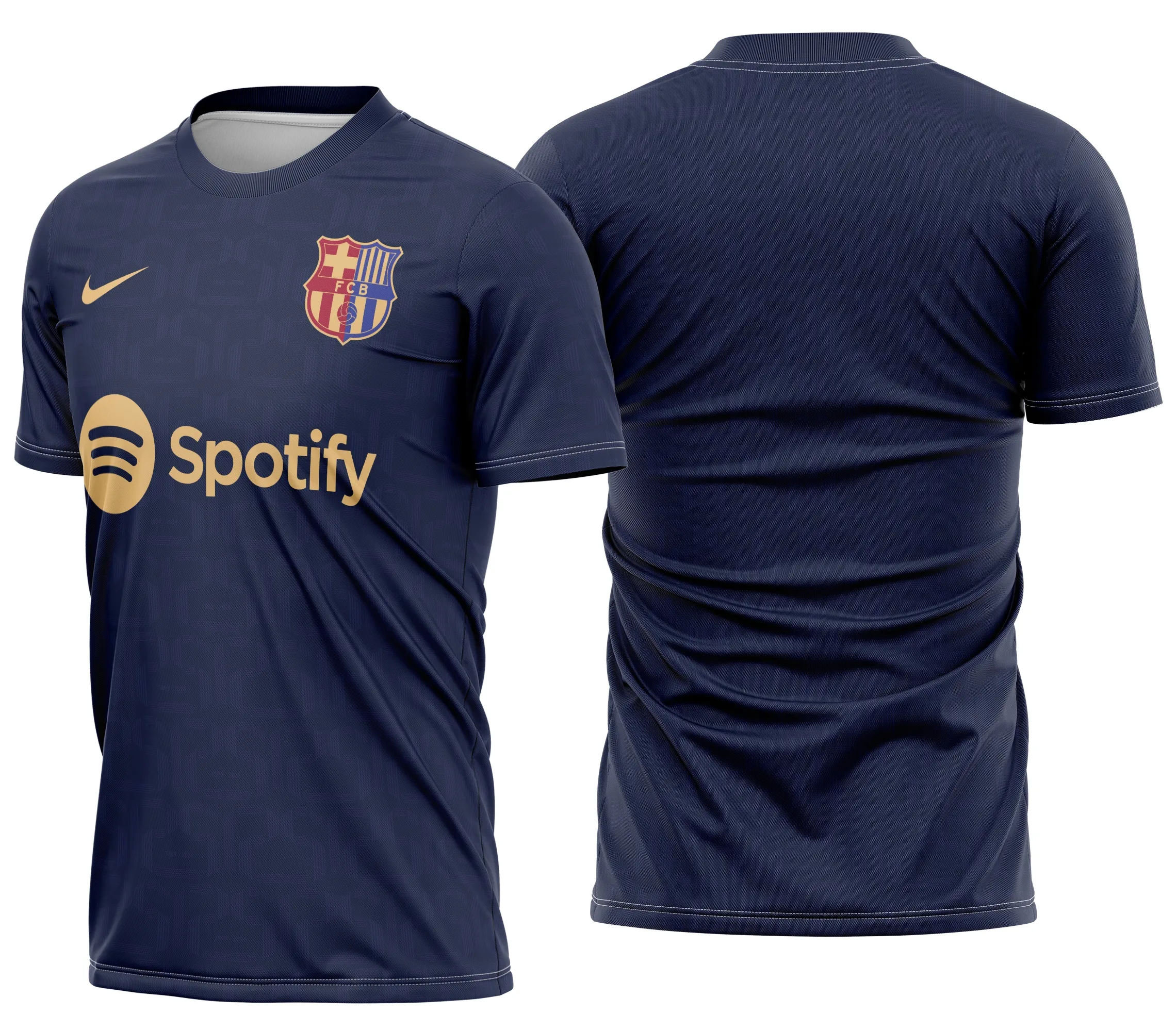 Foto de camiseta unissex preta com logo no peito e estampa grande nas costas do time Barcelona Pré-jogo 2024 - 2025, estilo moderno e esportivo, ideal para torcedores e fãs de futebol.
