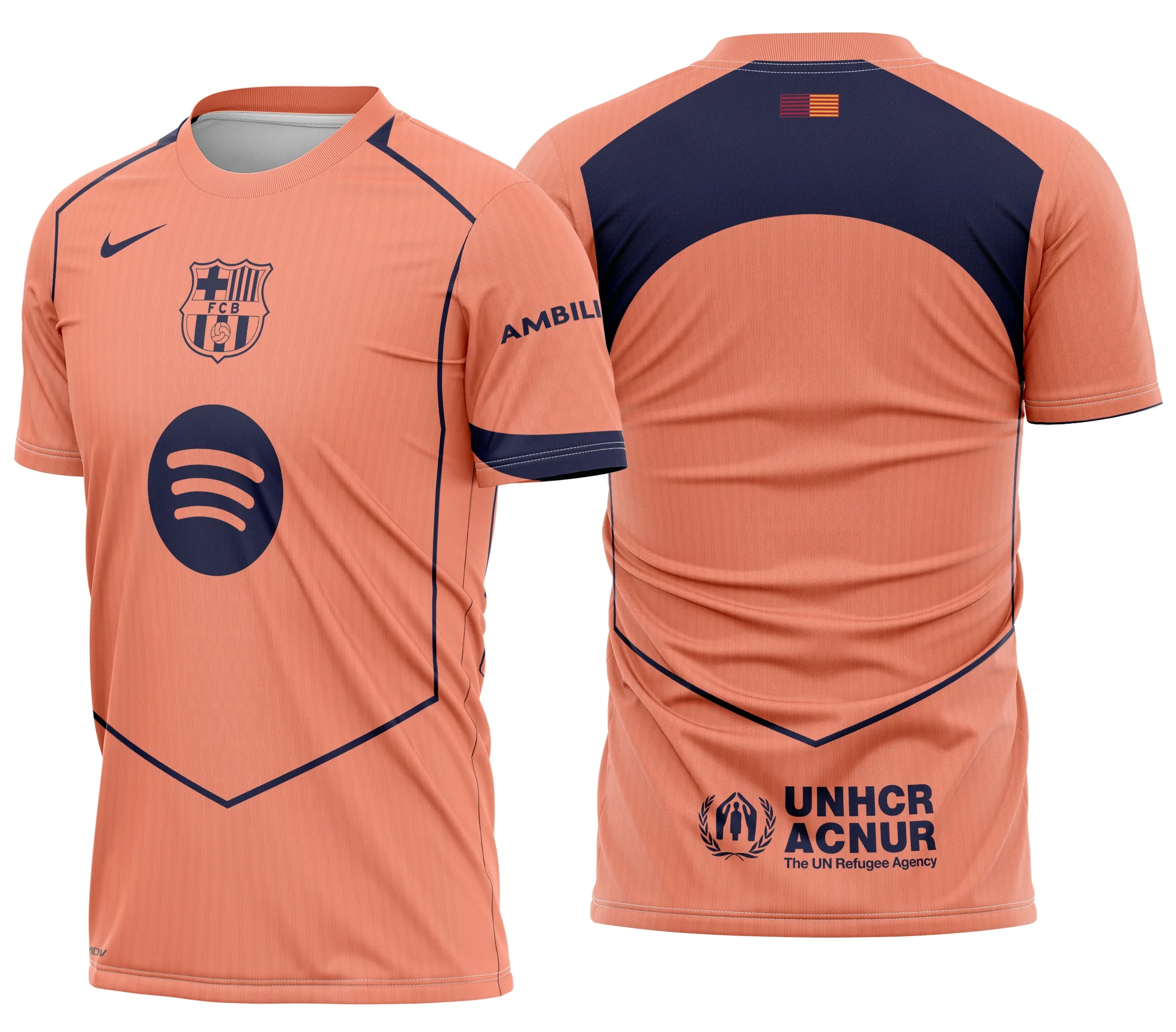 Foto de camiseta unissex com logo no peito e estampa grande nas costas, tema Barcelona Terceira 2025-2026, na cor preta, estilo moderno e esportivo.