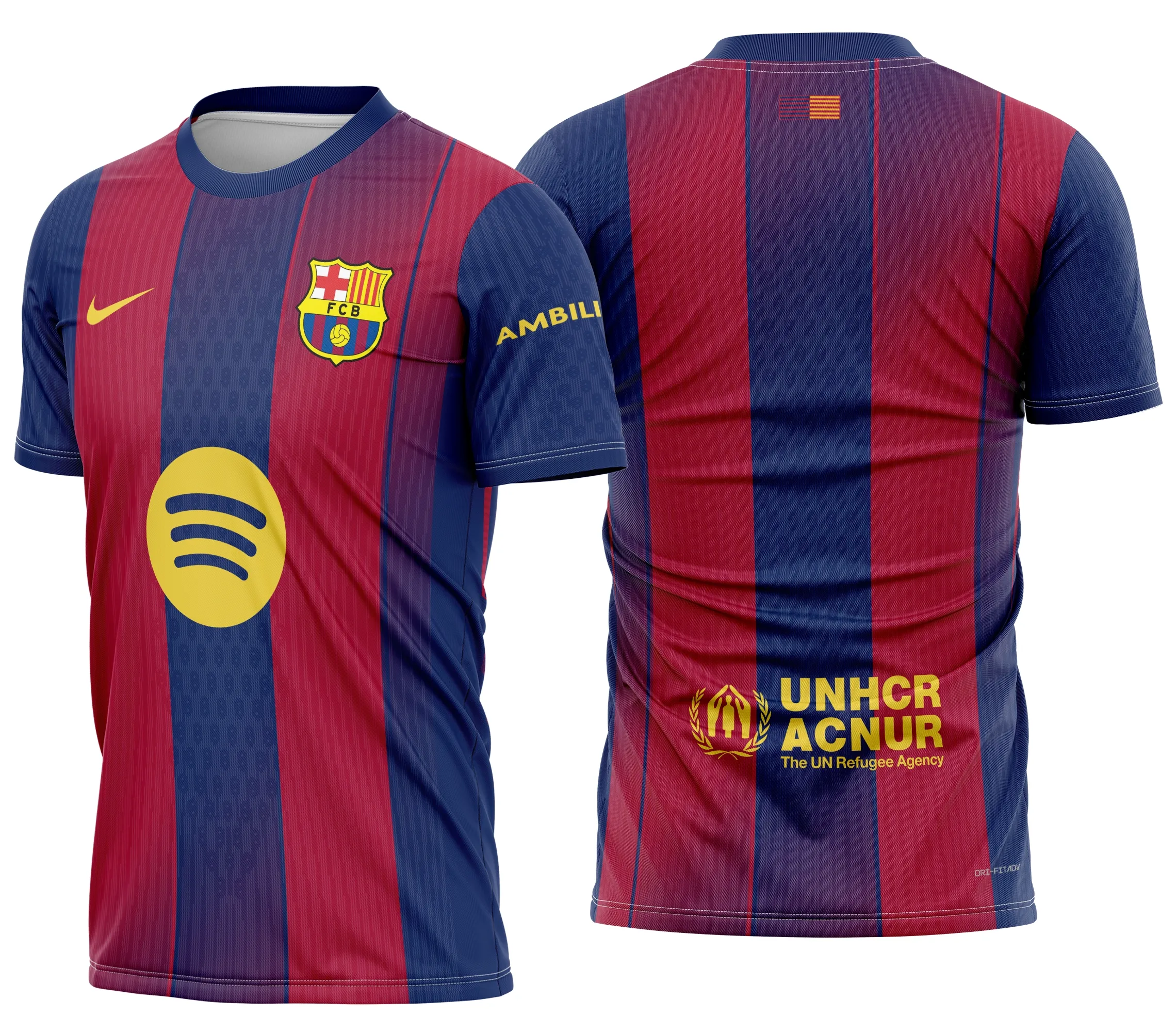 Camiseta unissex preta com logo no peito e estampa grande nas costas inspirada na Camisa Barcelona Titular 2025 2026, design moderno e vibrante para fãs do time.