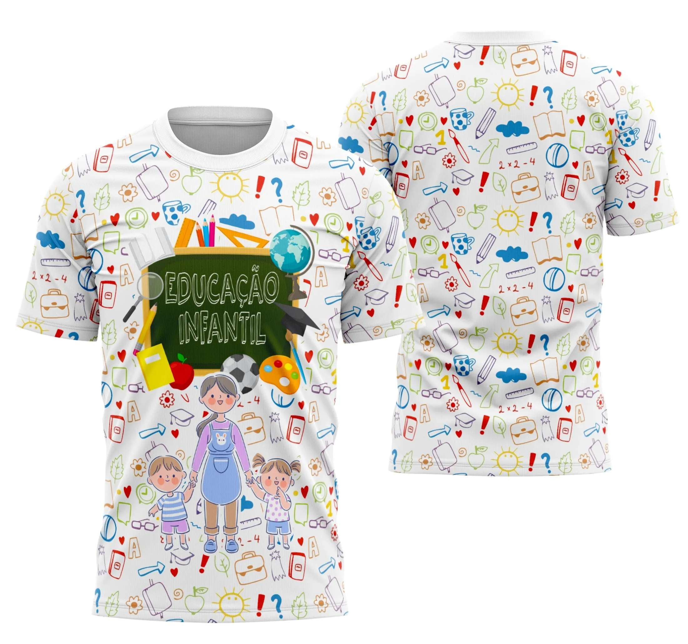 Camiseta unissex branca com logo no peito e estampa grande nas costas, temática de educação infantil para professoras, visual delicado e moderno.