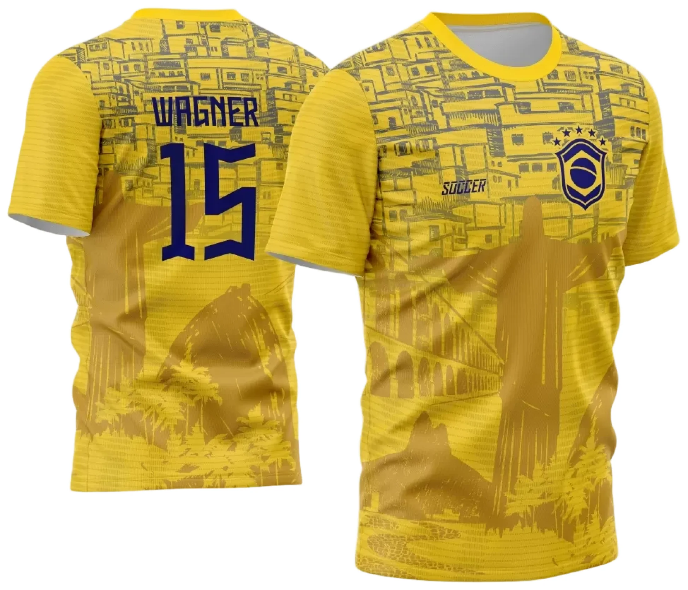 Camiseta unissex preta com logo no peito e estampa grande nas costas do Cristo Redentor do Brasil, modelo 02, perfeita para mostrar orgulho nacional em estilo moderno e confortável.