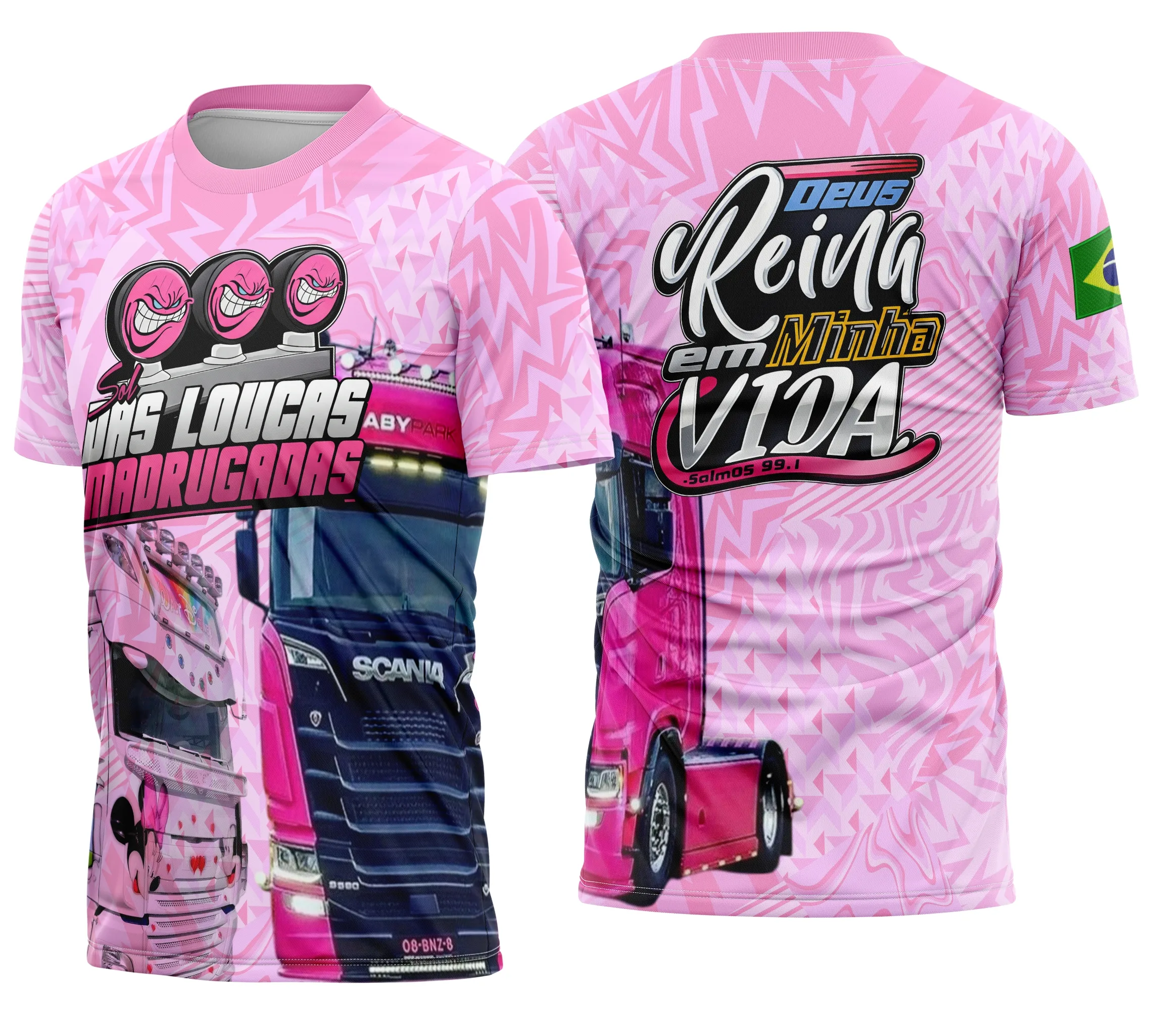 Camiseta unissex preta com logo no peito e estampa grande nas costas temática de caminhoneiro, ideal para quem ama a estrada e a profissão.