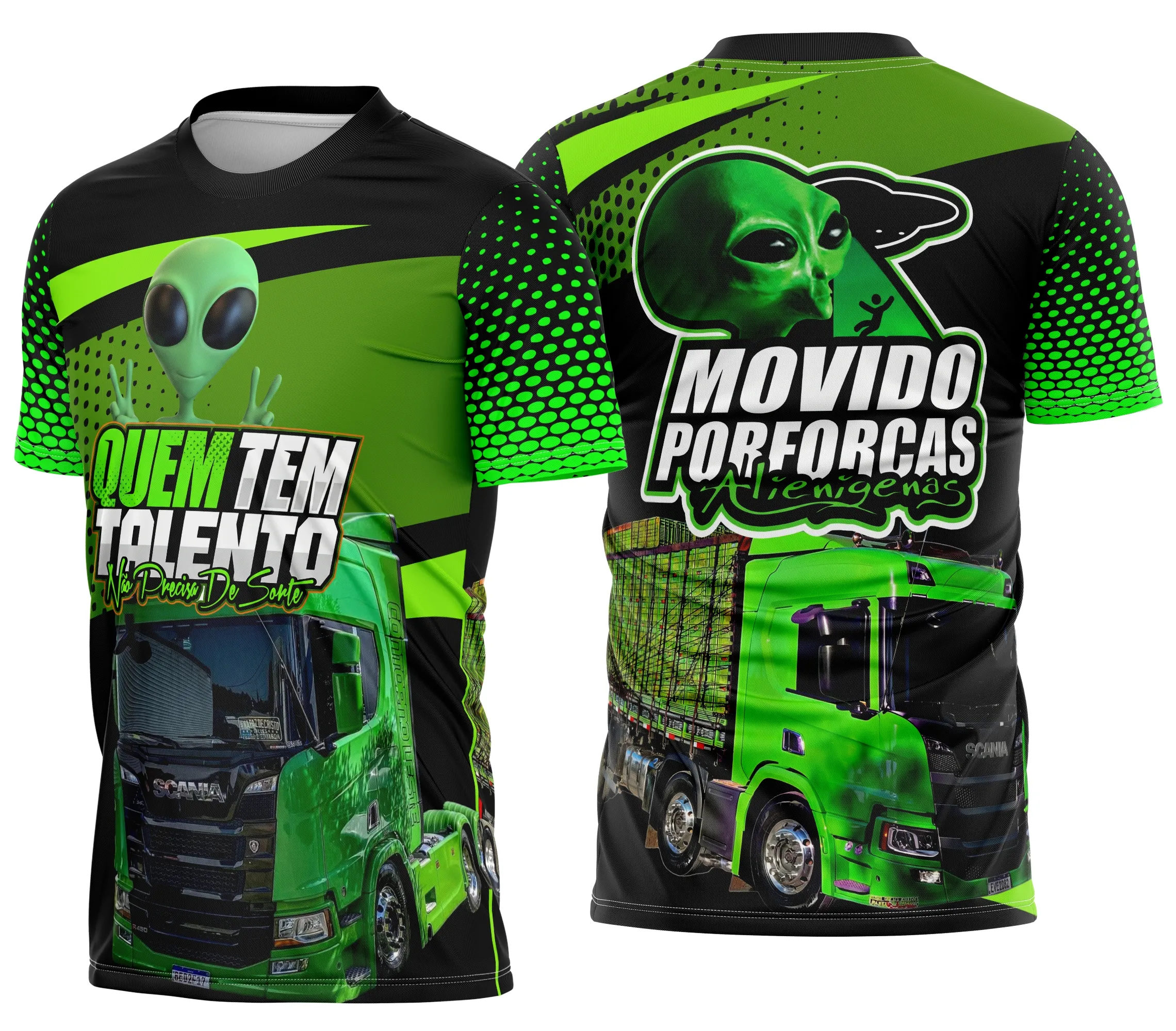 Camiseta preta unissex com logo no peito e estampa grande nas costas, tema Caminhoneiro Personalizada, visual moderno e confortável para o dia a dia.