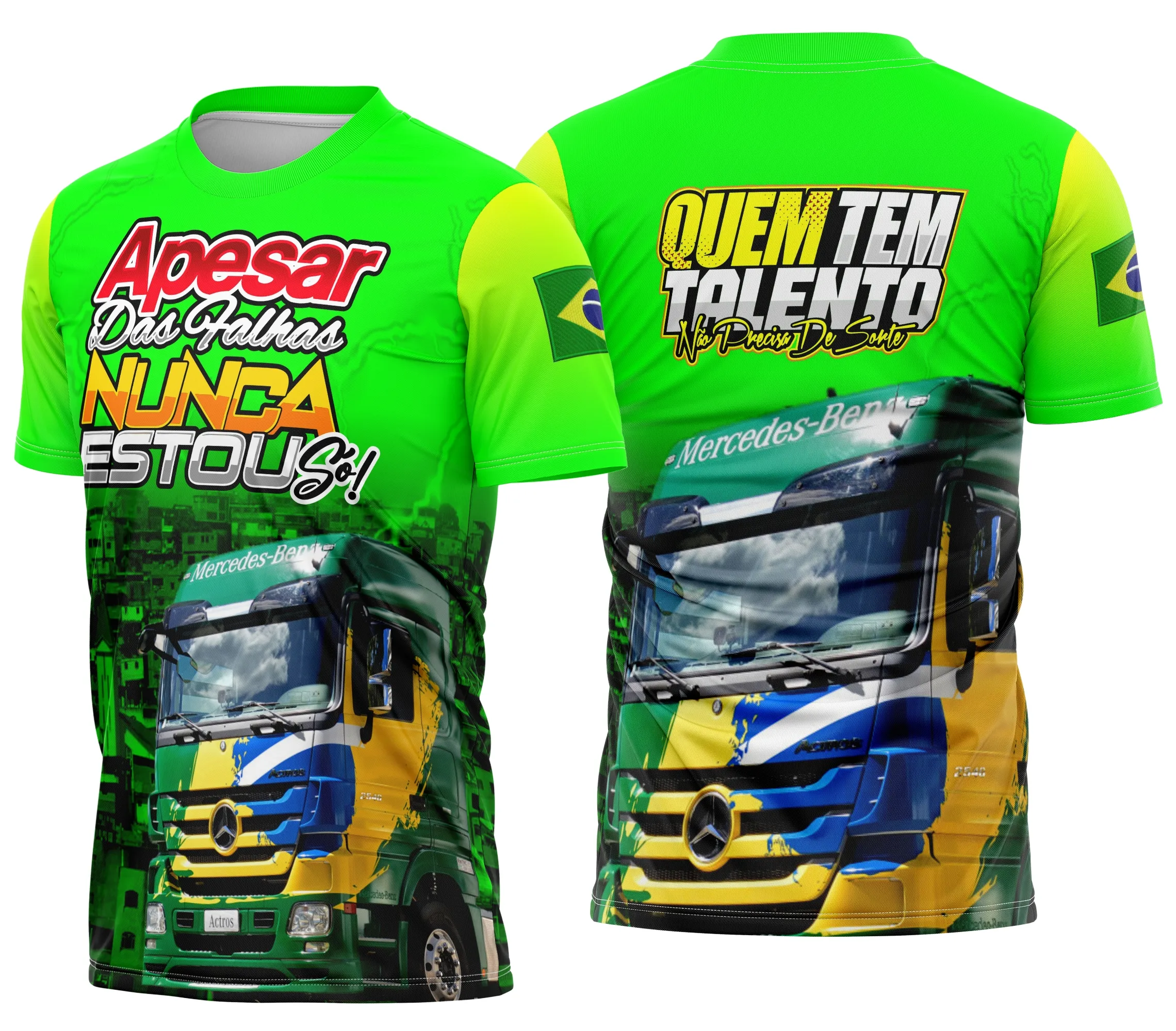 Camiseta unissex preta com logo no peito e estampa grande nas costas, estilo caminhoneiro personalizado, perfeita para quem valoriza conforto e identidade na roupa.