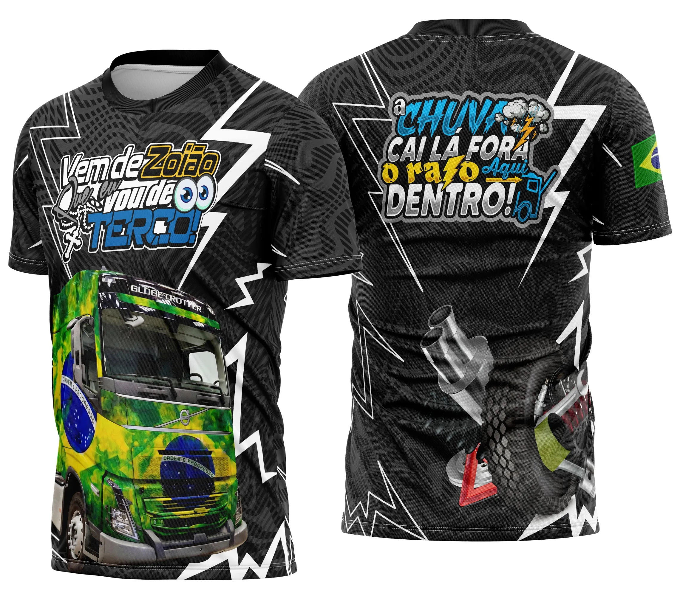 Camiseta unissex preta com logo no peito e estampa grande nas costas com tema caminhoneiro personalizada, ideal para fãs da profissão.