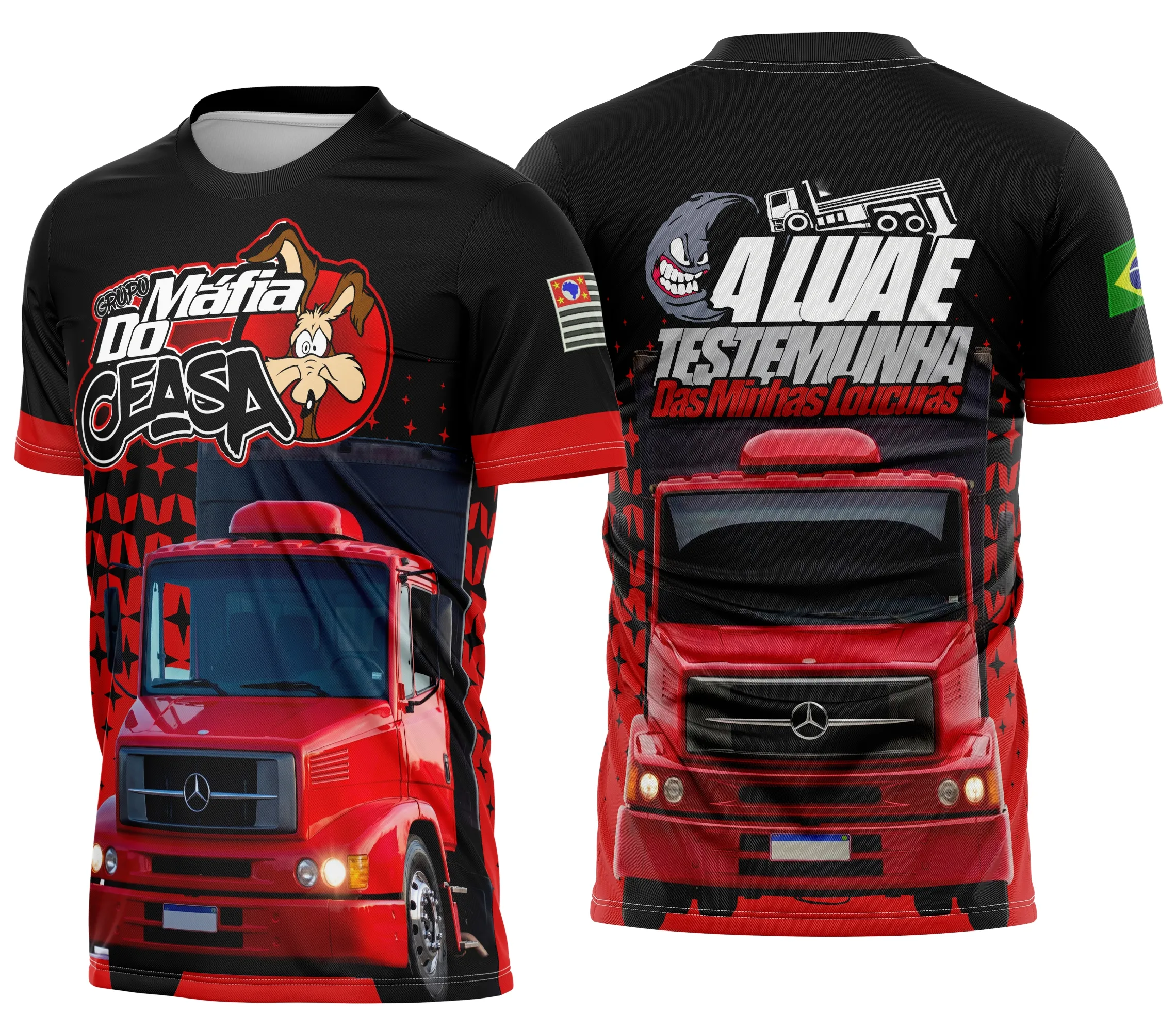 Camiseta unissex preta com logo no peito e estampa grande nas costas destacando tema Caminhoneiro Personalizada, ideal para uso casual e lazer.