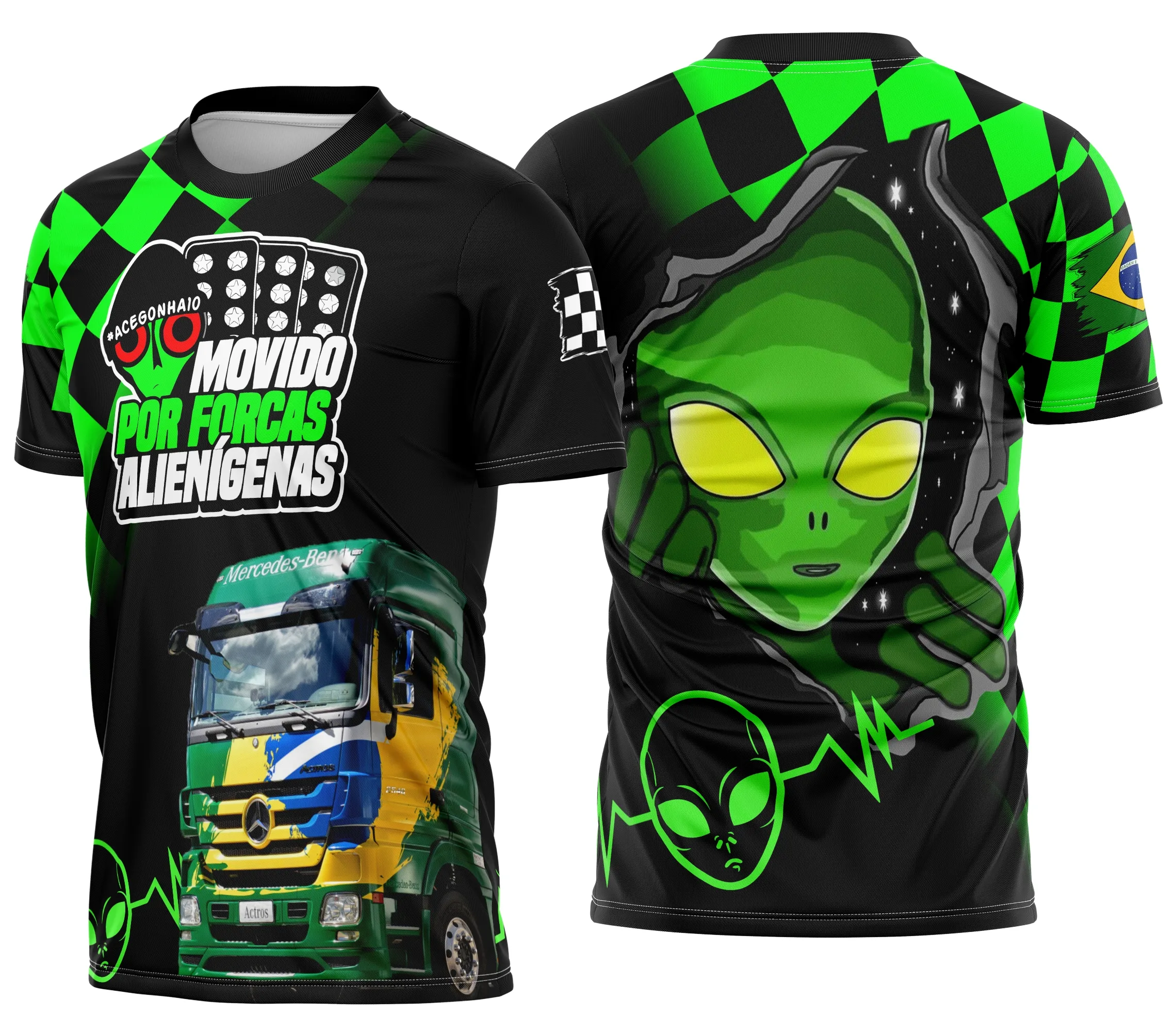 Camiseta unissex preta com logo no peito e estampa grande nas costas temática de caminhoneiro personalizada, destaque para conforto e estilo do visual