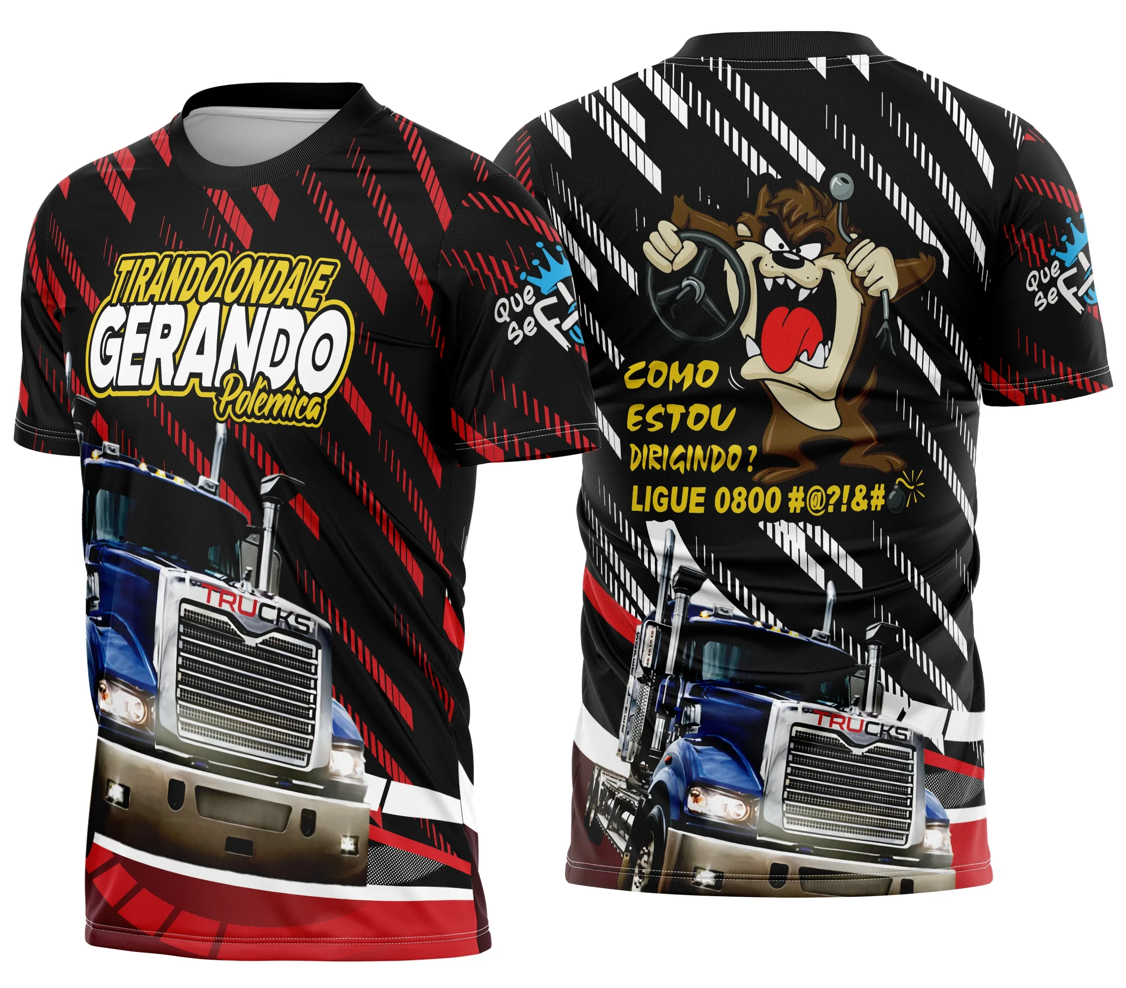 Camiseta preta unissex com logo no peito e estampa grande nas costas com tema caminhoneiro personalizada, ideal para quem vive a estrada e busca conforto e estilo.