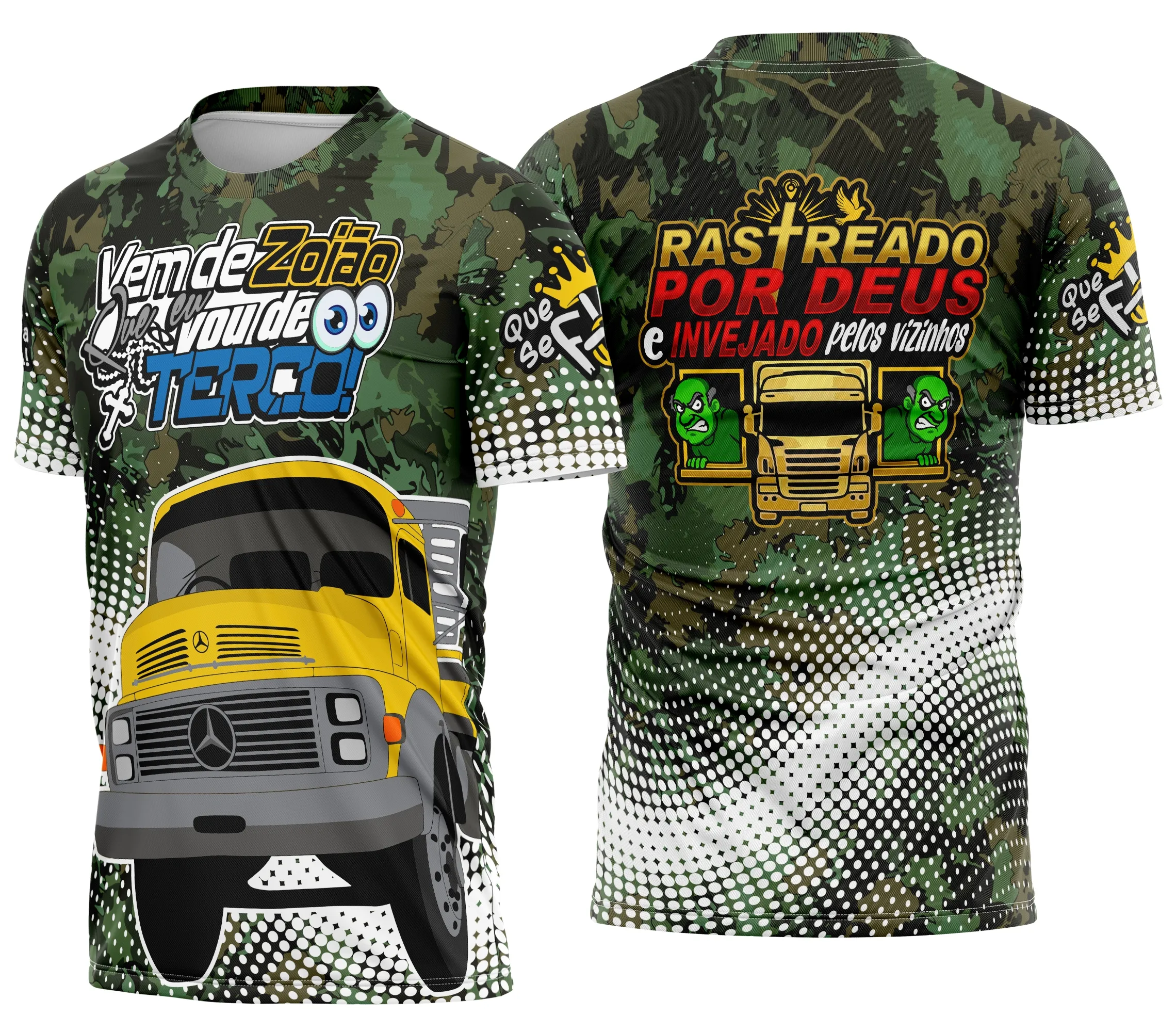 Camiseta unissex preta com logo no peito e estampa grande nas costas, destacando o tema Caminhoneiro em design moderno e atraente.