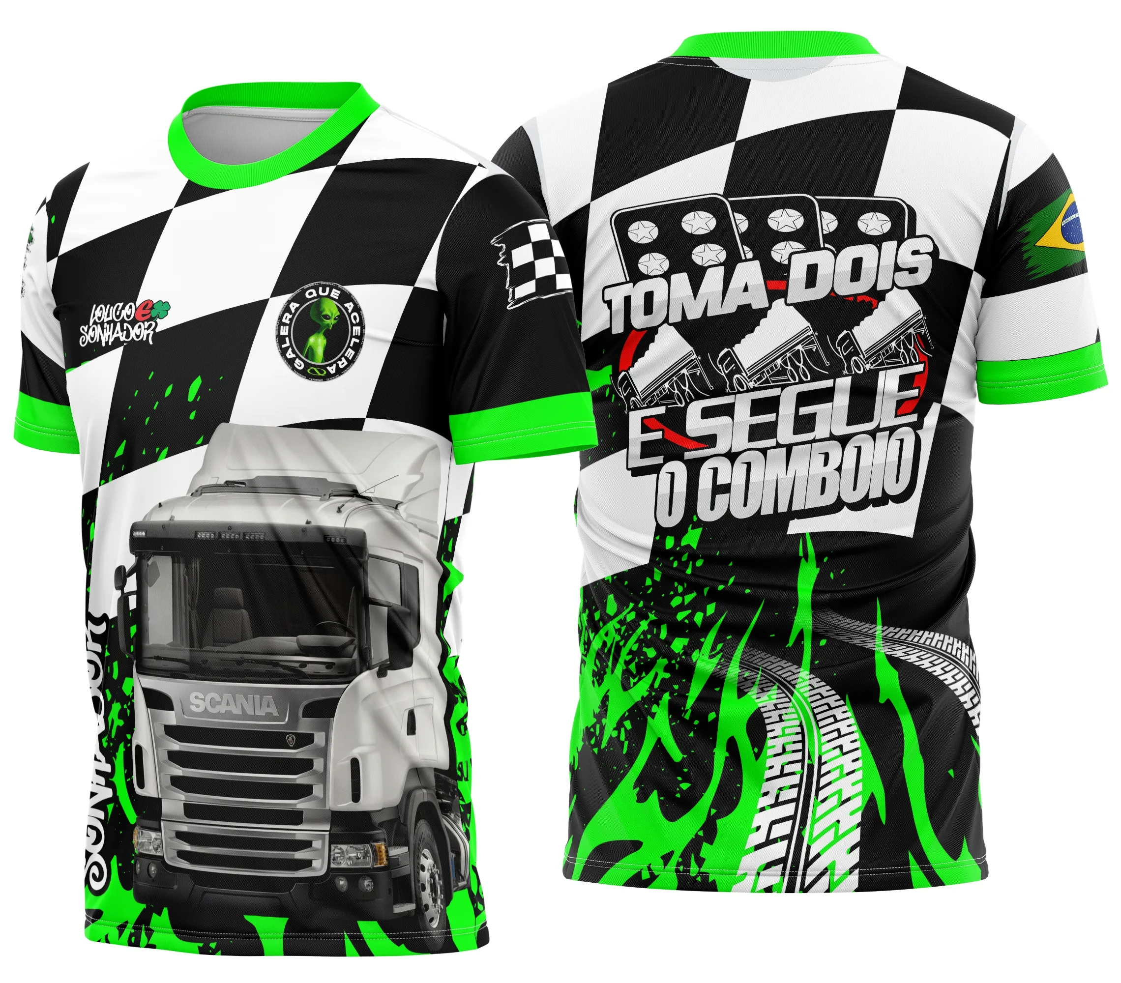 Camiseta unissex preta com logo no peito e estampa grande nas costas inspirada em caminhoneiro, ideal para quem ama a vida na estrada e estilo único.