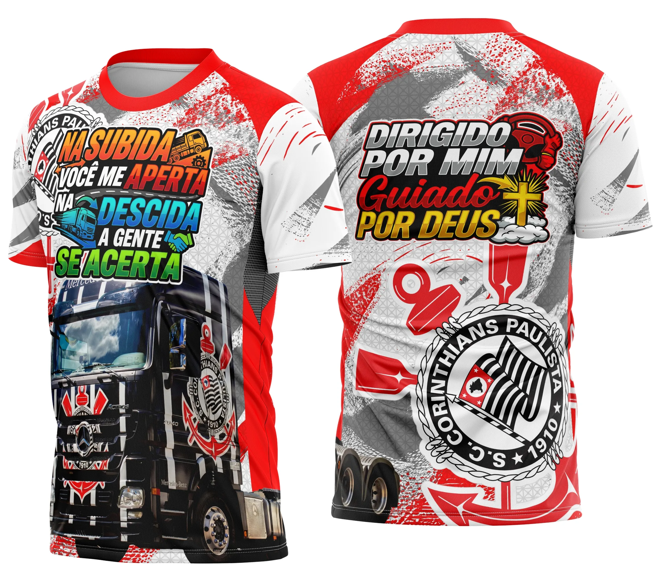 Camiseta preta unissex com logo no peito e estampa grande nas costas exibindo tema Corinthians para caminhoneiros.