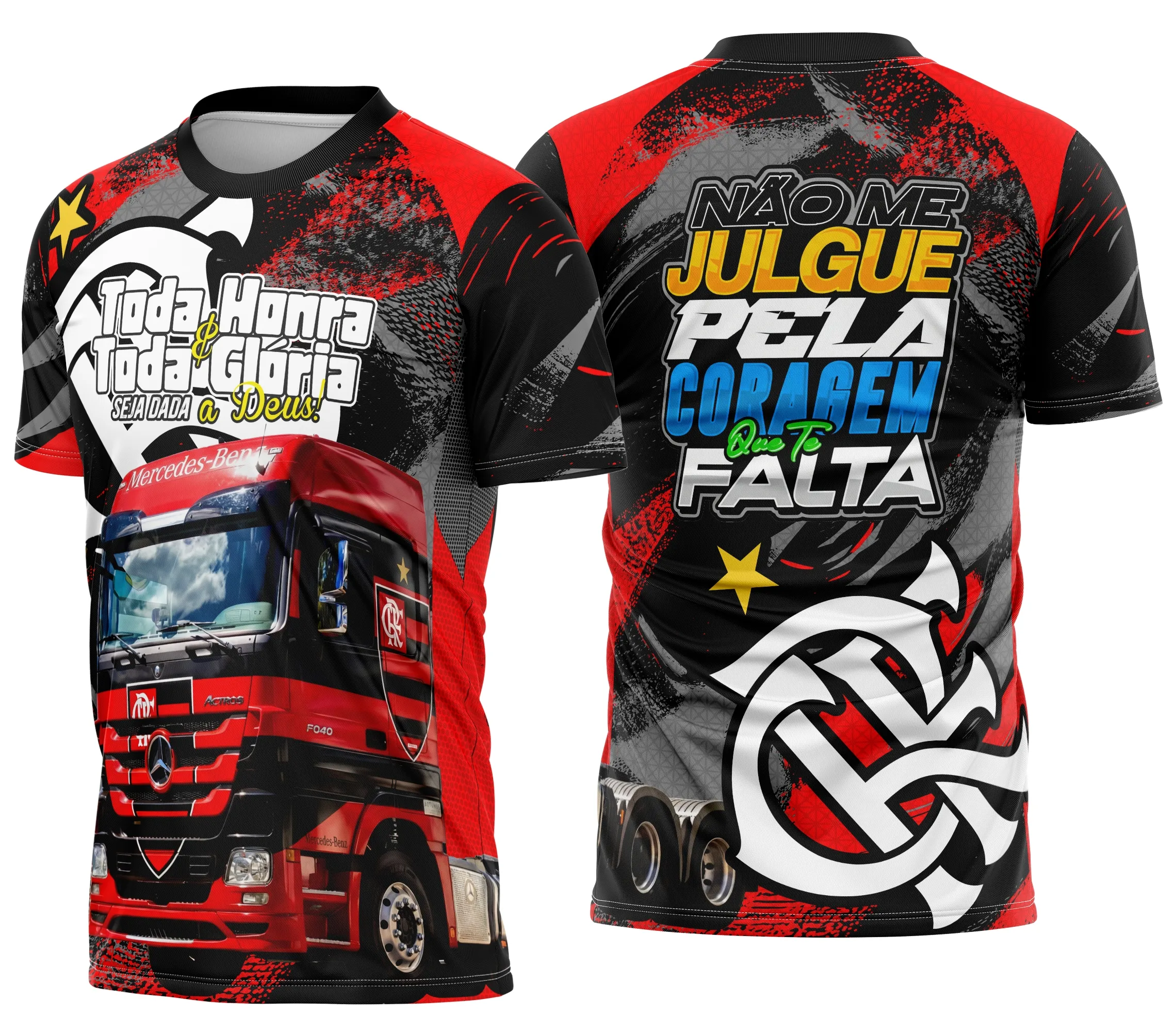 Camiseta unissex preta com logo no peito e estampa grande nas costas com tema Caminhoneiro Flamengo, estilo confortável e moderna para torcedores apaixonados.