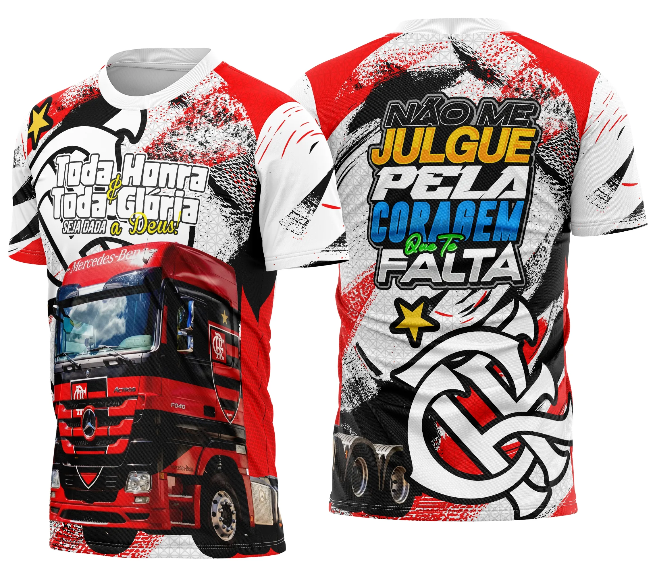 Camiseta preta unissex com logo no peito e estampa grande nas costas com tema do Flamengo para caminhoneiros, perfeita para fãs com estilo e conforto.