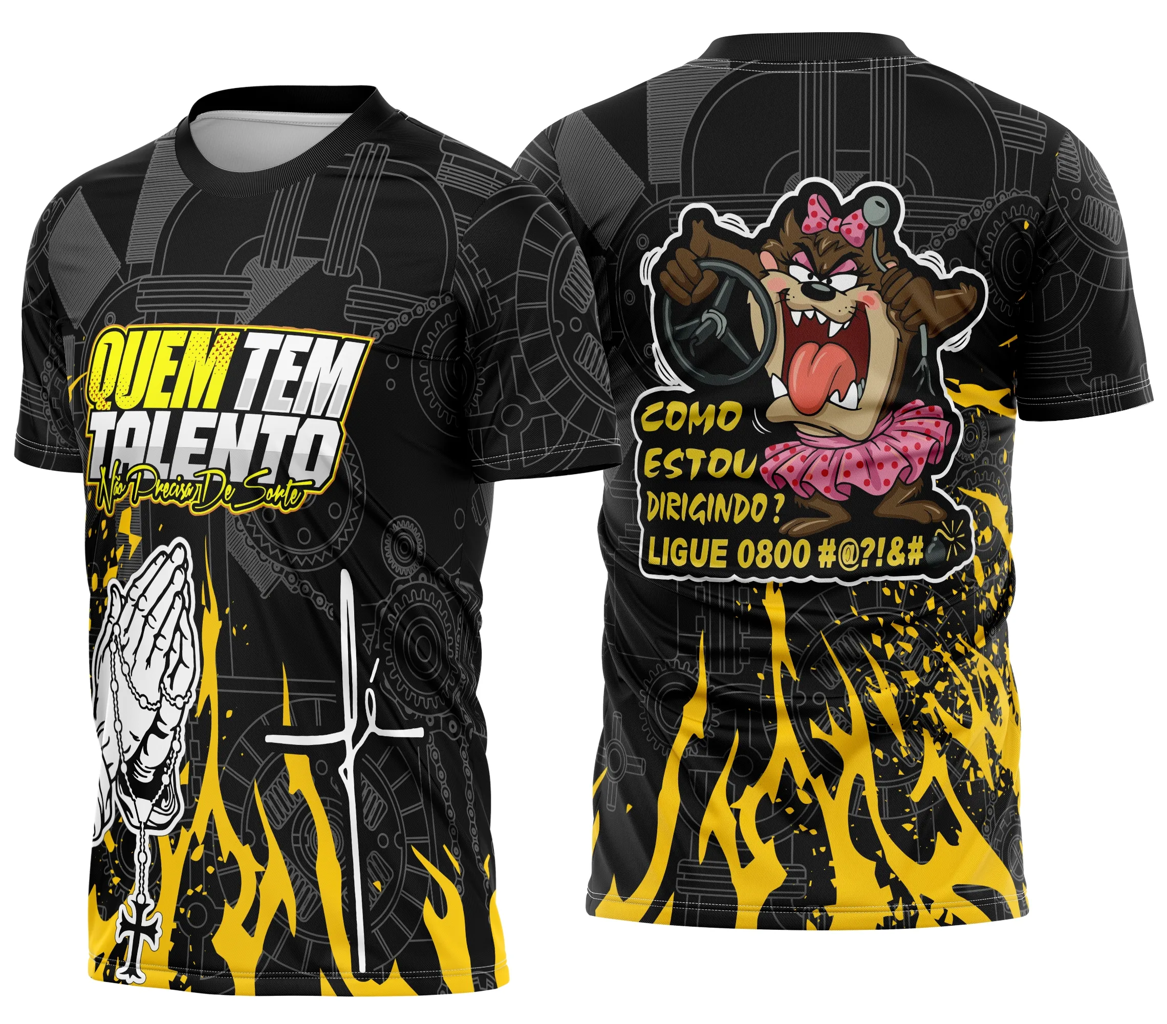 Camiseta unissex preta com logo no peito e estampa grande nas costas com frase personalizada para caminhoneiro, ideal para uso confortável e estilo marcante.