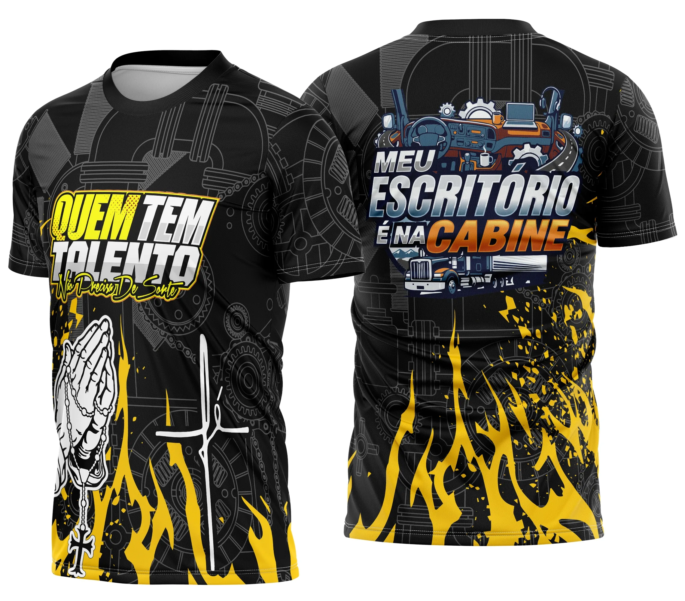 Camiseta unissex preta, logo no peito e estampa grande nas costas com frase personalizada para caminhoneiro, design marcante e estilo moderno.