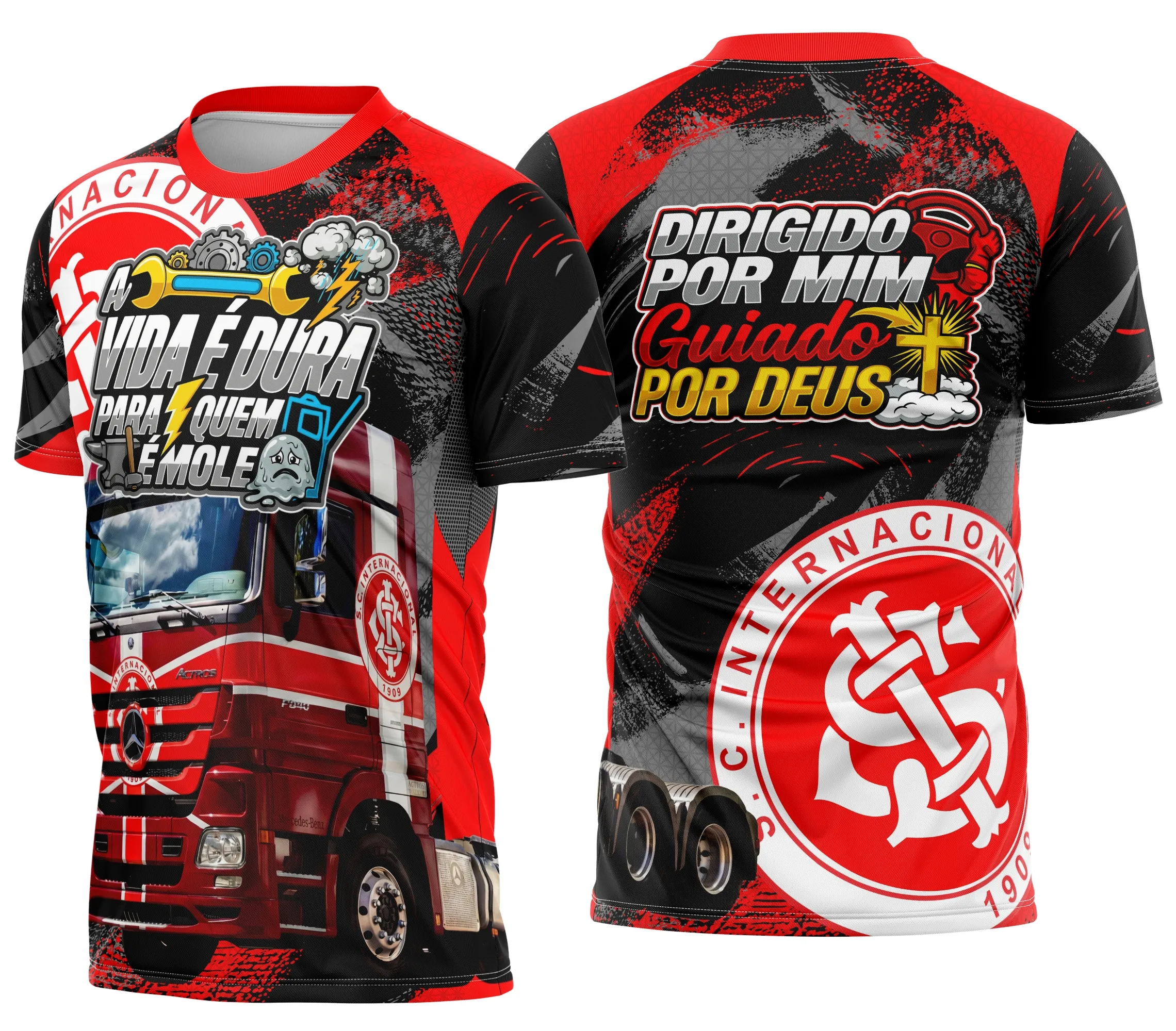 Camiseta unissex preta com logo no peito e estampa grande nas costas mostrando tema Caminhoneiro Personalizada Internacional, ideal para quem busca estilo e identidade na estrada.