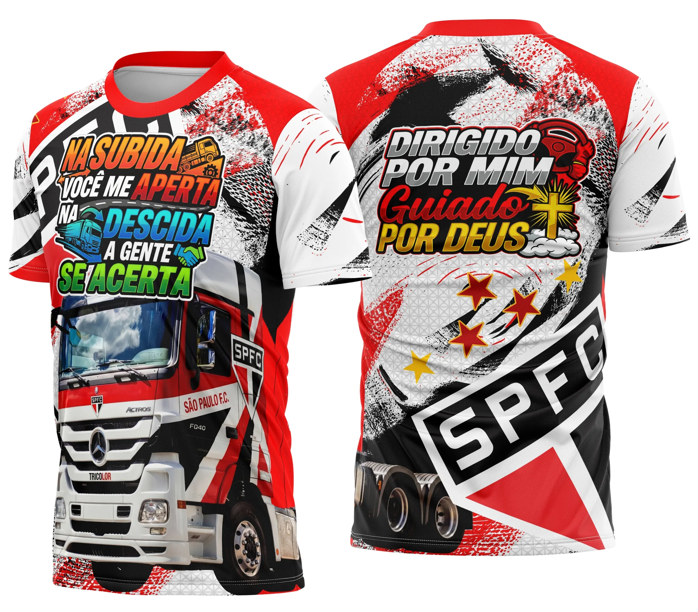 Camiseta unissex preta com logo no peito e estampa grande nas costas mostrando o tema Caminhoneiro Personalizada São Paulo, design robusto e moderno, ideal para quem ama a profissão e a cidade.