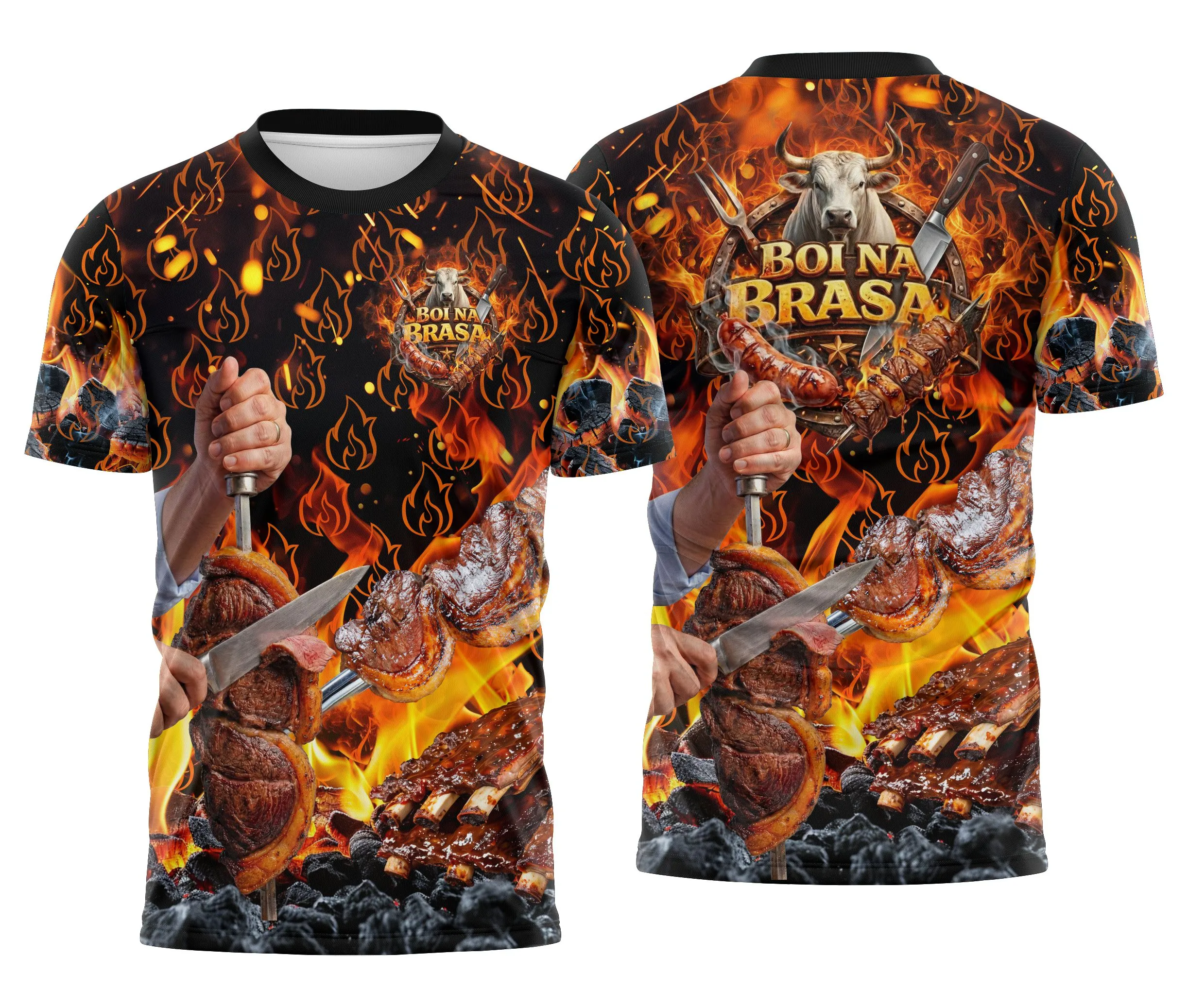 Camiseta unissex preta com logo no peito e estampa grande nas costas temática de churrascaria e carne, ideal para amantes da profissão de churrasqueiro.