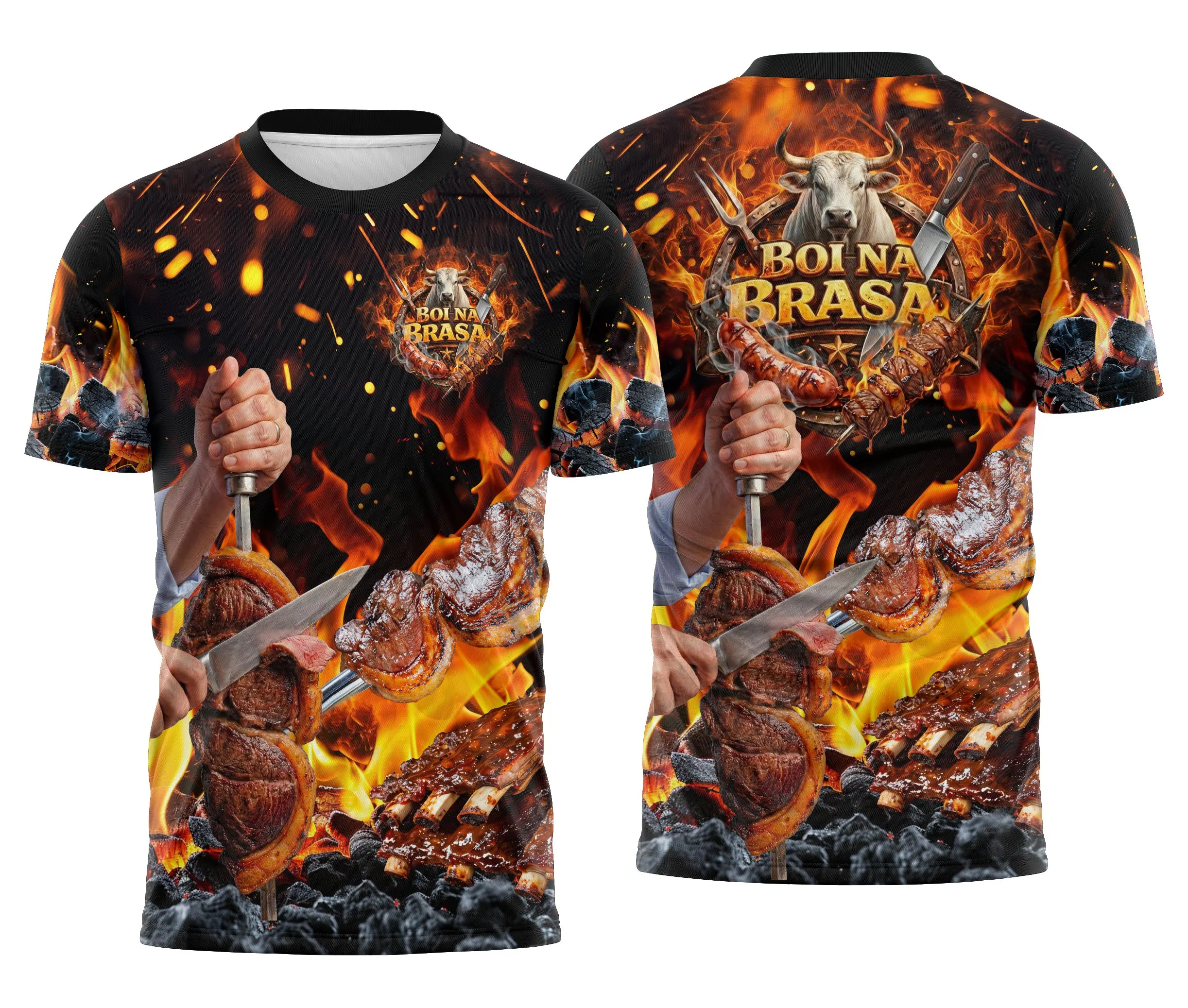 Camiseta unissex preta com logo no peito e estampa grande nas costas mostrando tema de churrascaria e carne, ideal para quem ama trabalhar com churrasco e carnes.