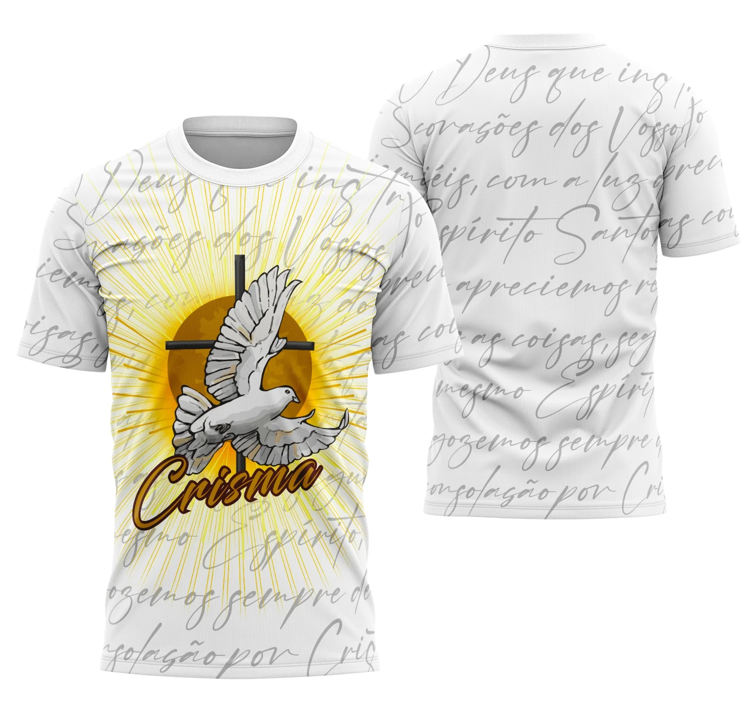 Camisa branca personalizada com logo no peito e estampa grande nas costas mostrando o Espírito Santo em destaque, transmitindo fé e devoção para o momento da Crisma 2026.