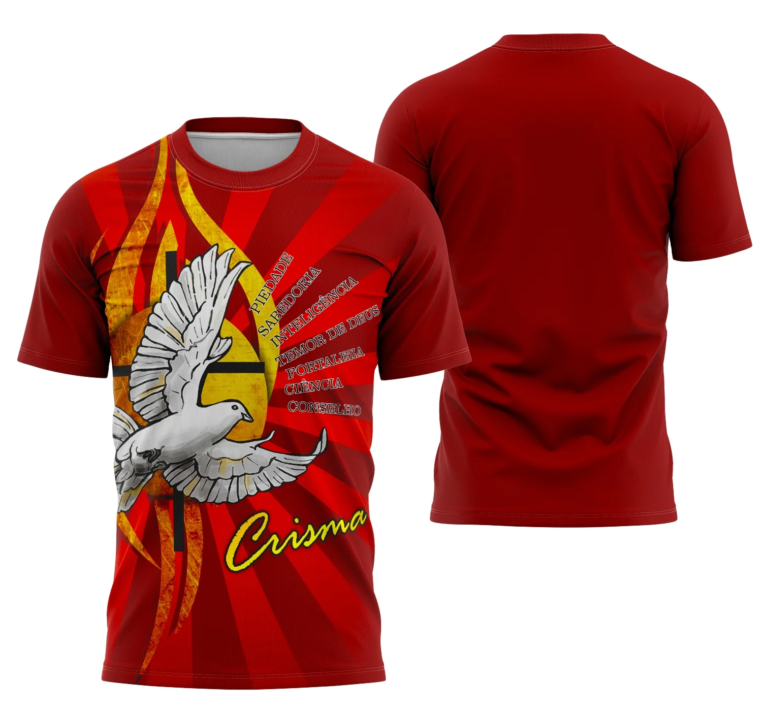 Camiseta unissex branca com logo no peito e estampa grande nas costas mostrando Espírito Santo Crisma, ideal para eventos religiosos, confortável e moderna.