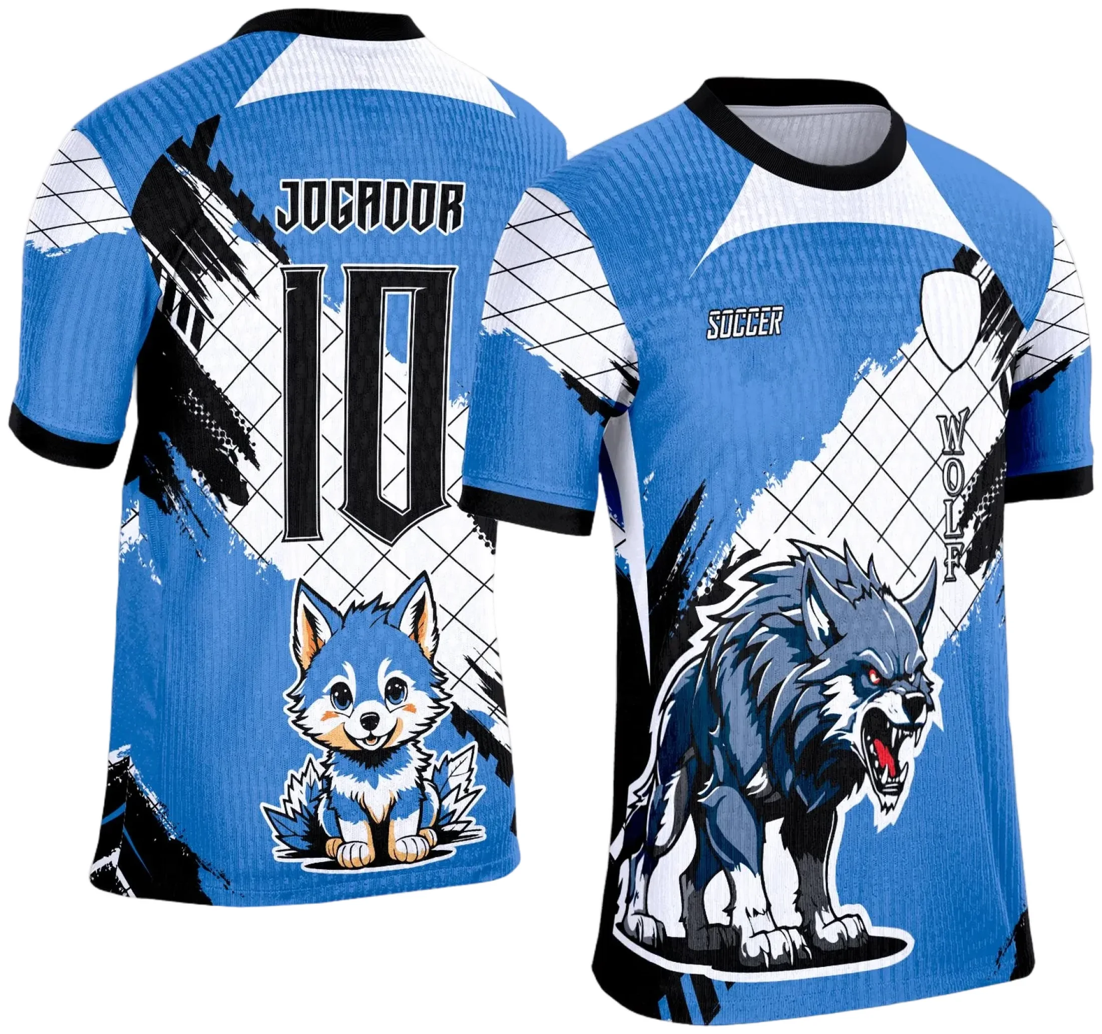 Camiseta unissex preta com logo no peito e estampa grande nas costas mostrando dois lobos em estilo interclasse 2025, perfeita para eventos escolares ou esportivos.