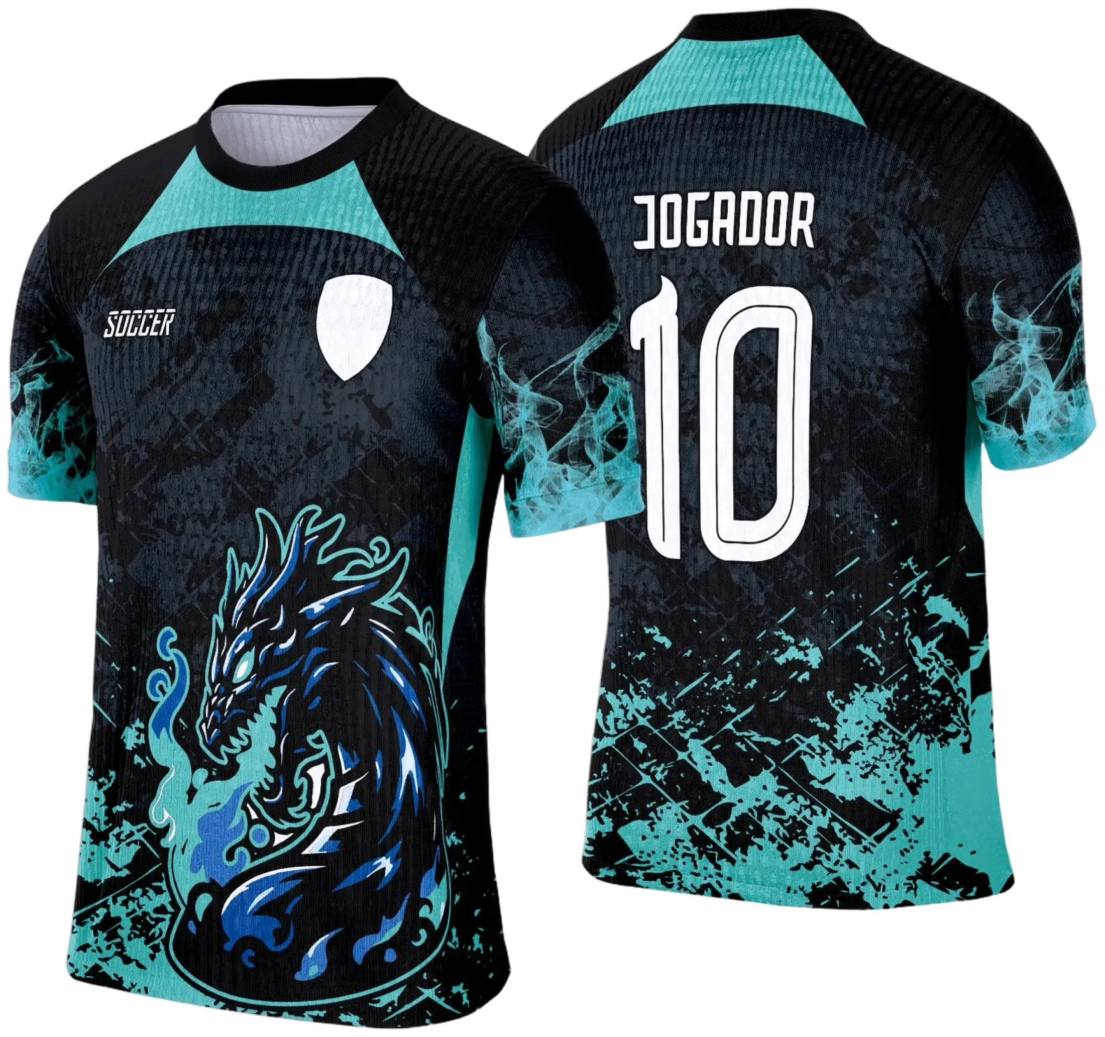 Camiseta unissex preta com logo no peito e estampa grande nas costas mostrando um dragão verde estilizado, ideal para eventos de interclasse 2025 com design moderno e vibrante.