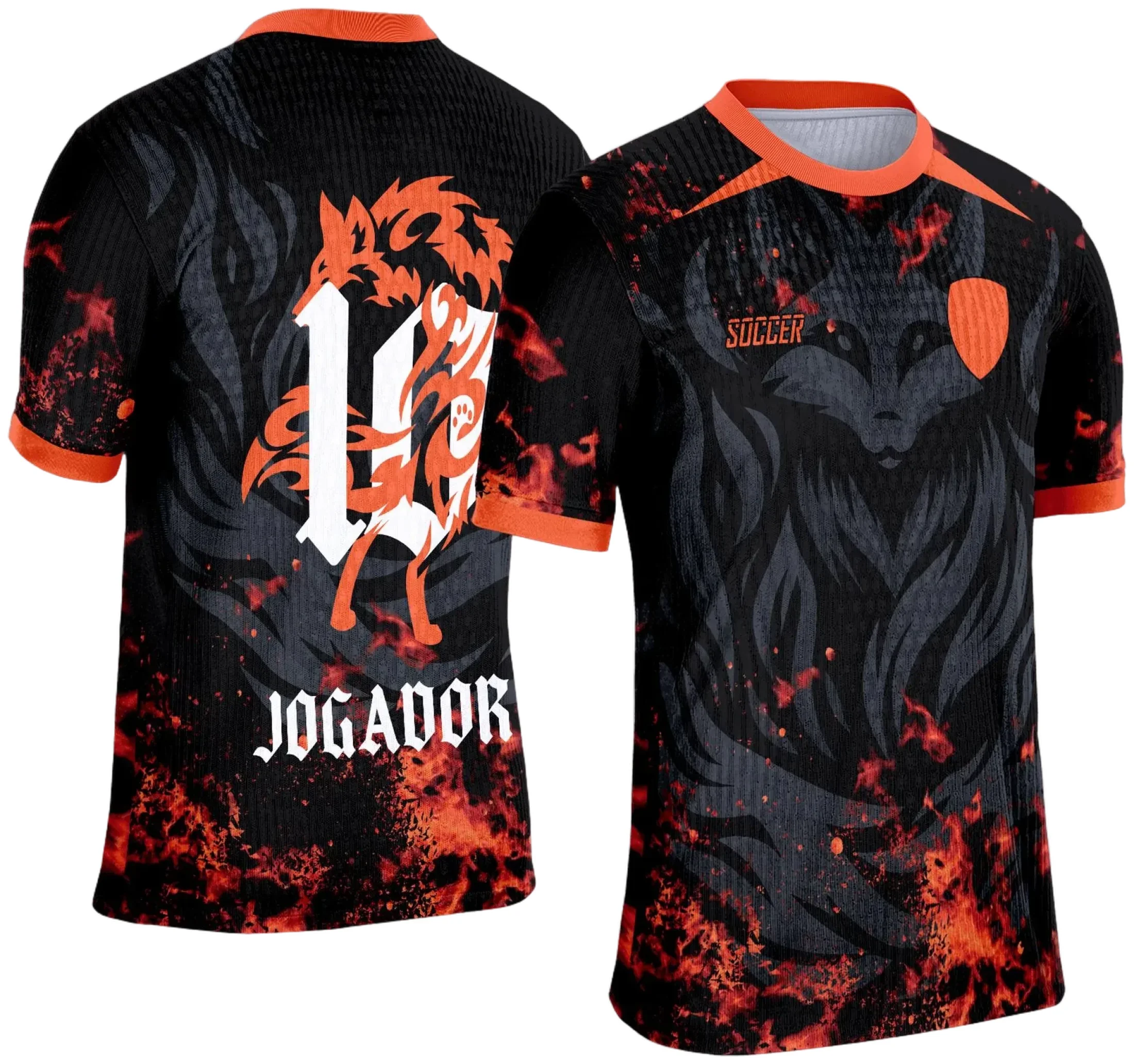 Camiseta unissex preta com logo no peito e estampa grande nas costas mostrando o tema Raposa Laranja do Interclasse 2025, design moderno e vibrante ideal para eventos escolares.