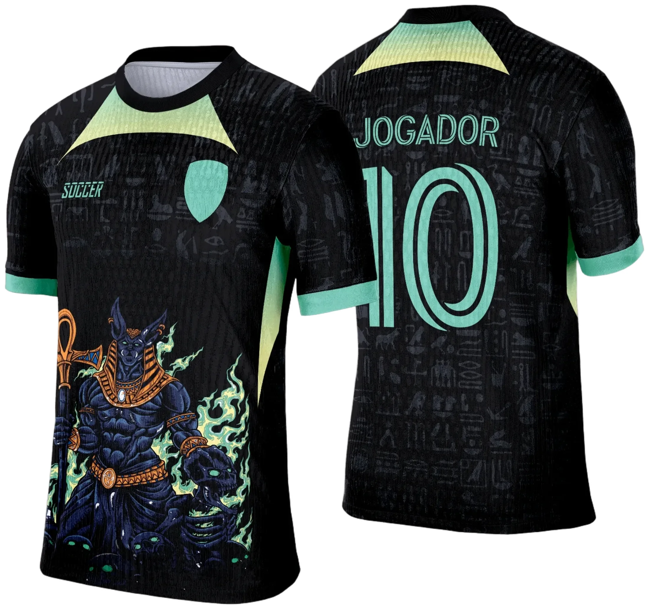 Camiseta unissex preta com logo no peito e estampa grande nas costas temática Anúbis Interclasse, destacando estilo urbano e moderno para fãs de cultura e mistério.