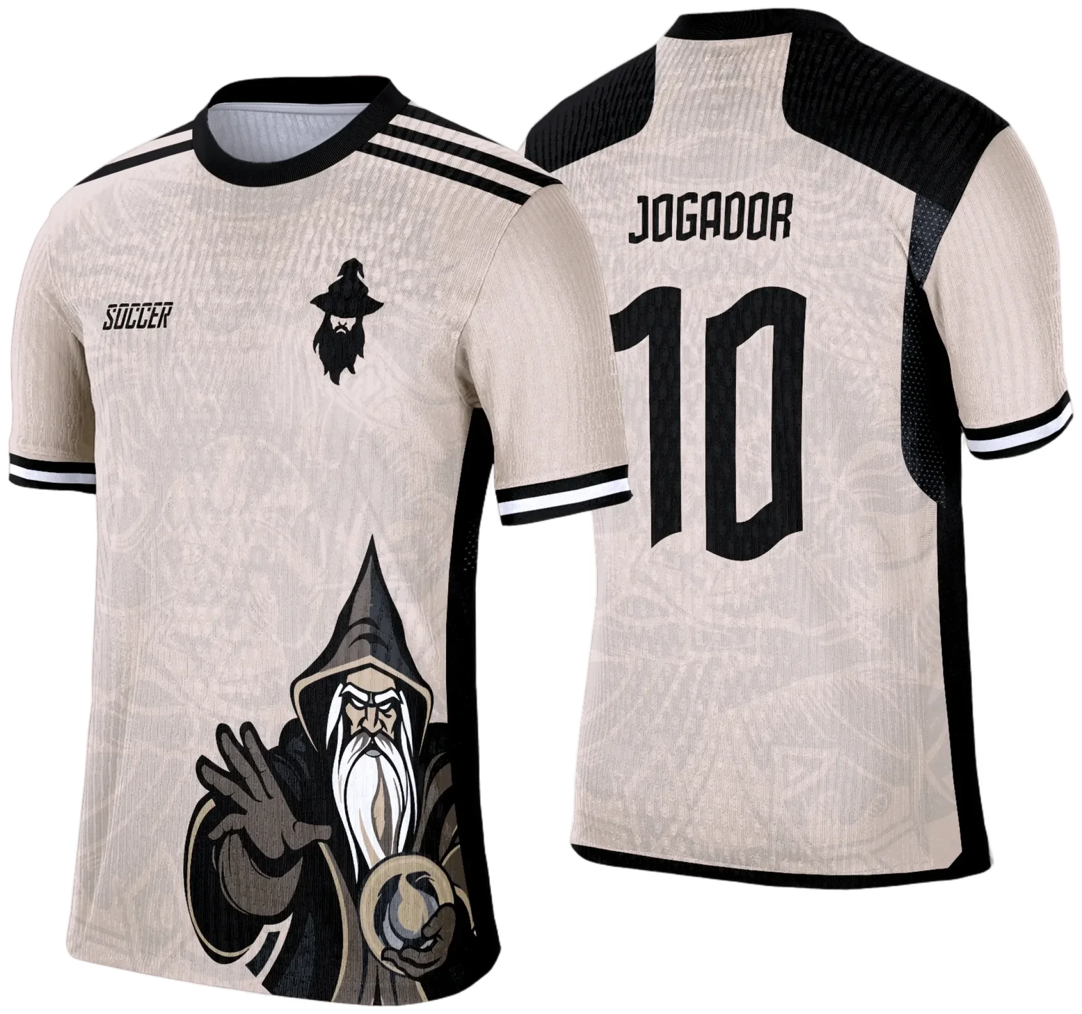 Camiseta unissex preta com logo no peito e estampa grande nas costas mostrando o conceito Feiticeiro para evento de interclasse.