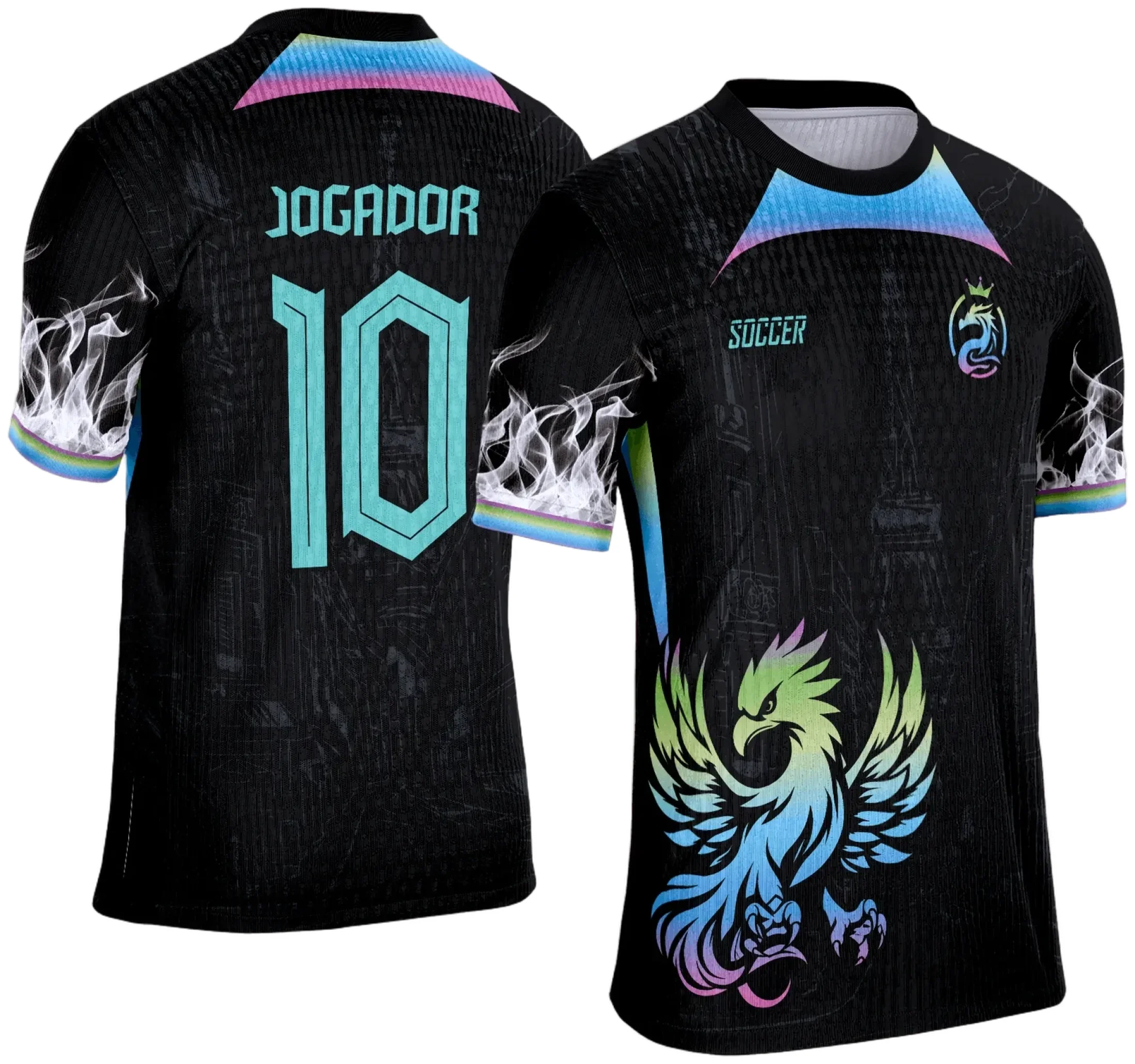 Camiseta unissex preta com logo no peito e estampa grande nas costas mostrando uma fênix vibrante, perfeita para eventos de interclasse com design imponente.