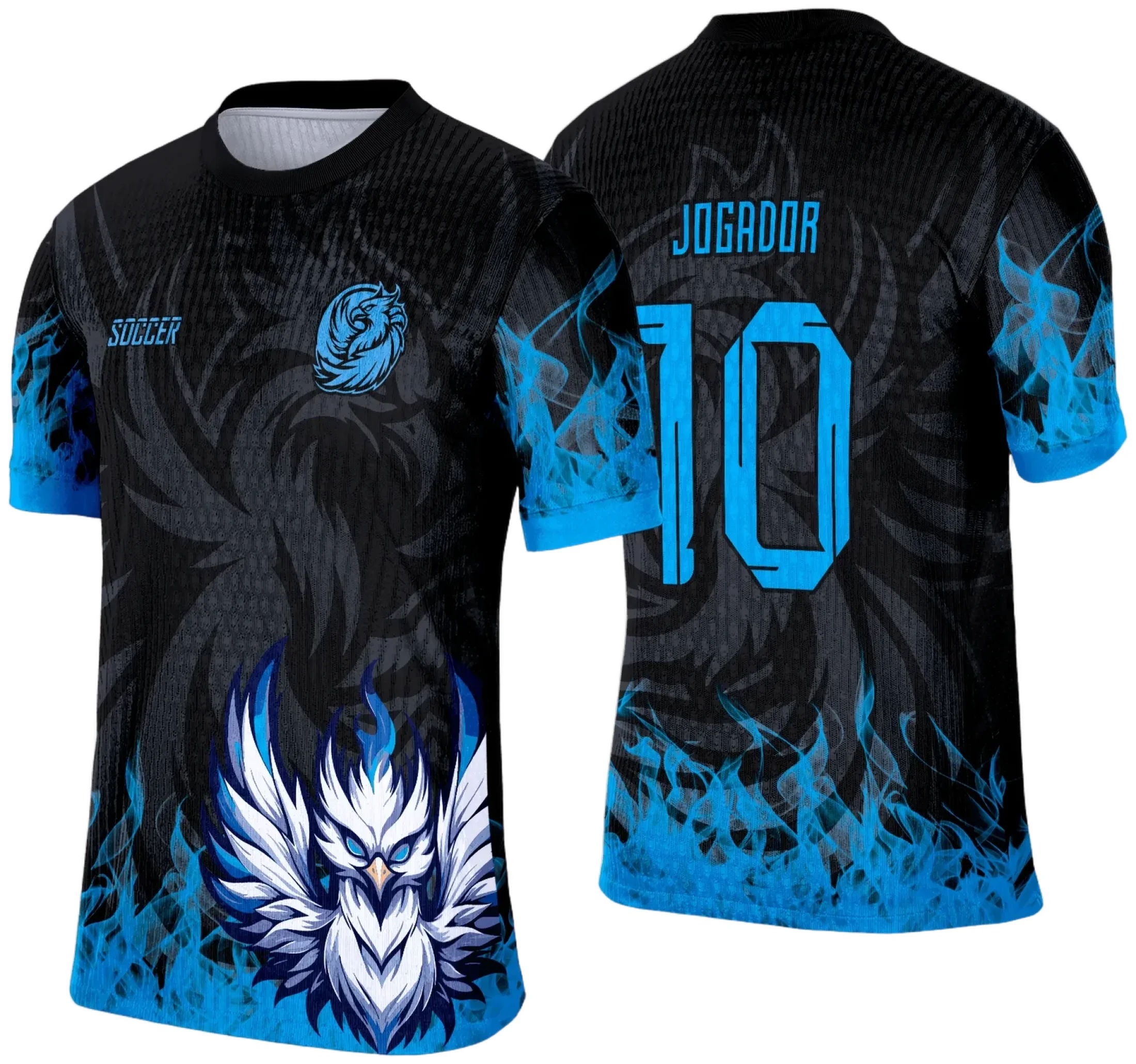 Camiseta preta unissex com logo no peito e estampa grande nas costas mostrando a Fênix em design marcante, perfeita para eventos de interclasse.